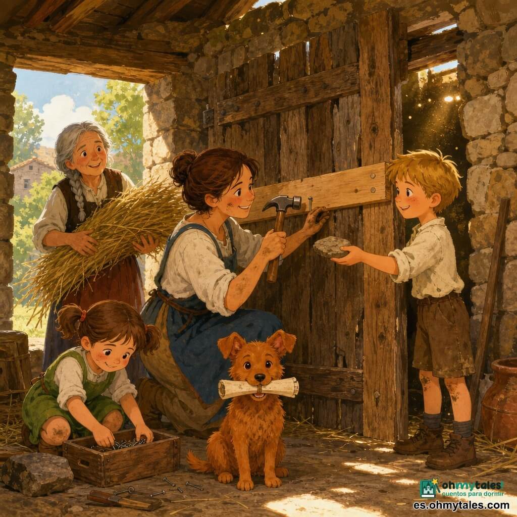 Amalia, rostro sonriente y concentrado, pelo castaño recogido en moño, manos algo sucias, sostiene un pequeño martillo de madera y clava una tabla nueva en la vieja puerta del establo; emoción: decidida y dulce. Marga, mujer de unos 60 años con trenza gris, mira agradecida desde la entrada del establo con un haz de paja; emoción: aliviada. Niño de unos 8 años, pelo rubio y rodillas sucias, ofrece una piedra plana a Amalia desde la derecha, sonriente. Niña de unos 6 años, pelo castaño en coletas y pequeño delantal verde, recoge clavos de una caja a la izquierda de Amalia. Rubio, pequeño perro rojizo en primer plano con orejas erguidas, trae una nota enrollada en el hocico. Lugar: viejo establo de piedra de muros gruesos, texturas rugosas, rayos dorados de sol entrando por huecos, herramientas colgadas y paja en el suelo; tonos cálidos y terrosos. Situación: reparación colaborativa de la puerta, escena cálida y ordenada con gestos precisos, polvo ligero en la luz y ambiente de comunidad y ayuda mutua.