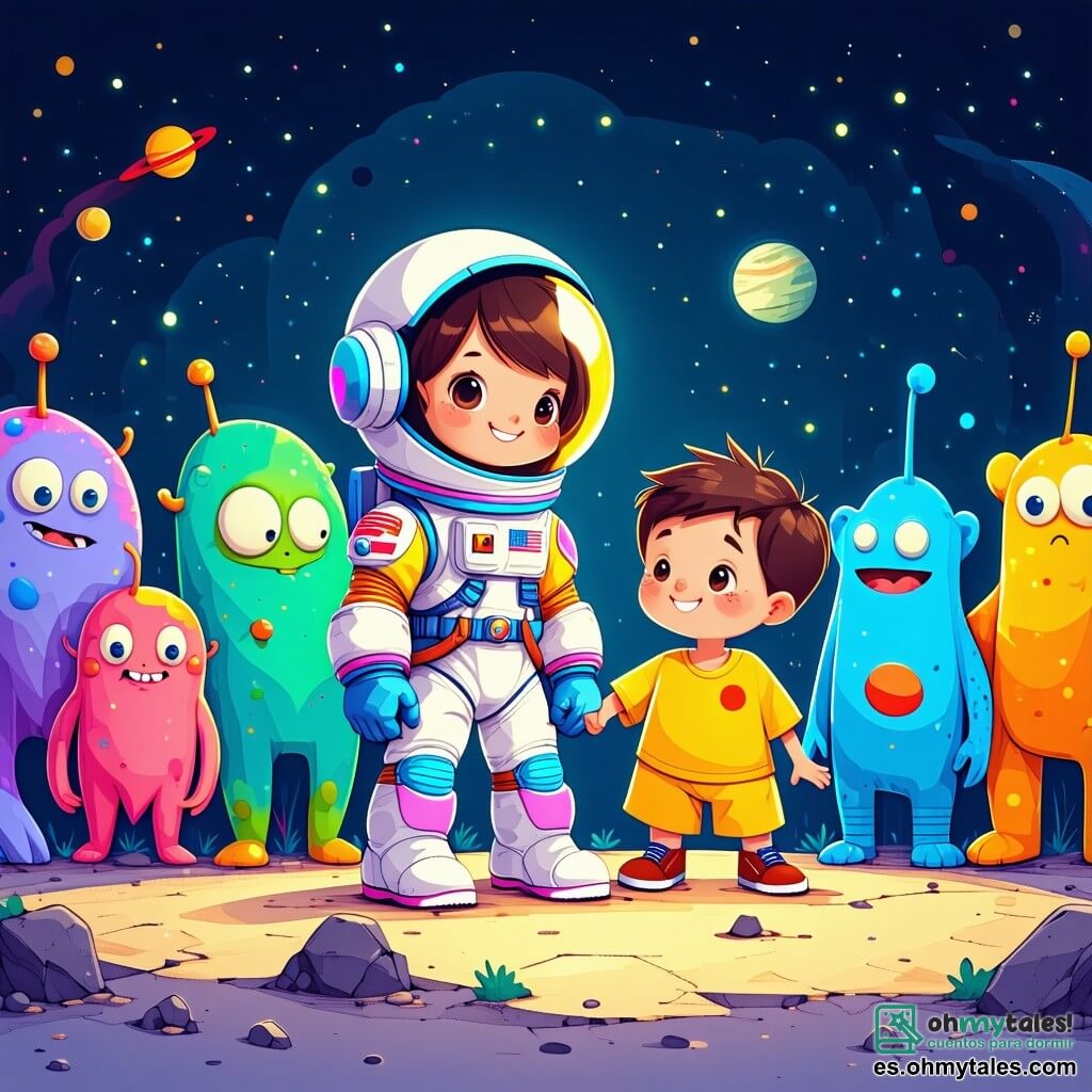 Una niña de 11 años, Ana, se encuentra en el centro de la imagen, vistiendo un gran y colorido traje de astronauta que parece un poco grande para ella. Su rostro brilla con una sonrisa maravillada, y sus ojos reflejan curiosidad mientras observa a un grupo de extraterrestres coloridos. A su derecha, Leo, un niño de 11 años con cabello castaño desordenado y una camiseta amarilla, levanta los brazos con entusiasmo, riendo de alegría. A su izquierda, Sam, otro niño de 11 años con gafas redondas y una camisa a rayas, sostiene un pequeño dispositivo brillante, listo para grabar nuevos descubrimientos. El fondo es un paisaje de ensueño de Zephyra, con árboles de hojas azul brillante y flores luminosas que parecen bailar en la brisa. El cielo es de un profundo color violeta, salpicado de estrellas brillantes y una gran luna resplandeciente. La escena muestra a Ana y sus amigos celebrando su encuentro con los extraterrestres, criaturas fluidas de colores cambiantes, en un momento de alegría y amistad, simbolizando la unión entre dos mundos.