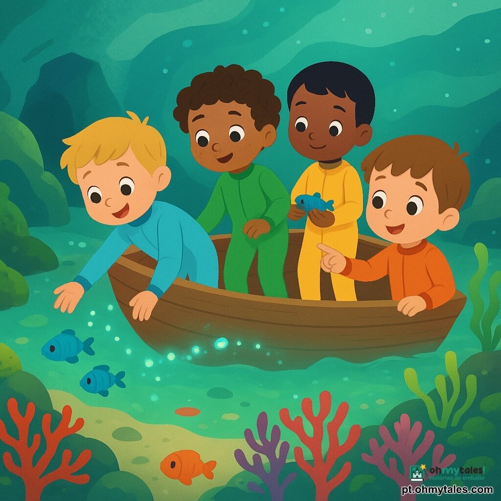 Quatro meninos de 4 anos em um pequeno barco de madeira numa enseada submarina fosforescente: um loiro de cabelo em escova com roupa de mergulho azul-claro à frente estende a mão aos peixes; um moreno encaracolado de roupa verde ao centro observa luzes bioluminescentes; um de cabelos negros e lisos de roupa amarela na popa liberta um peixinho preso nas algas; um castanho-claro de roupa laranja aponta uma trilha de pequenas luzes azuis na borda. Água turquesa, rochas com algas verdes, coral colorido e areia dourada; bolhas sobem e pequenas ondas brilham. As crianças seguem um caminho luminoso sobre o recife, ajudam peixes presos e observam um redemoinho de cores, atmosfera suave, segura e cheia de encanto.