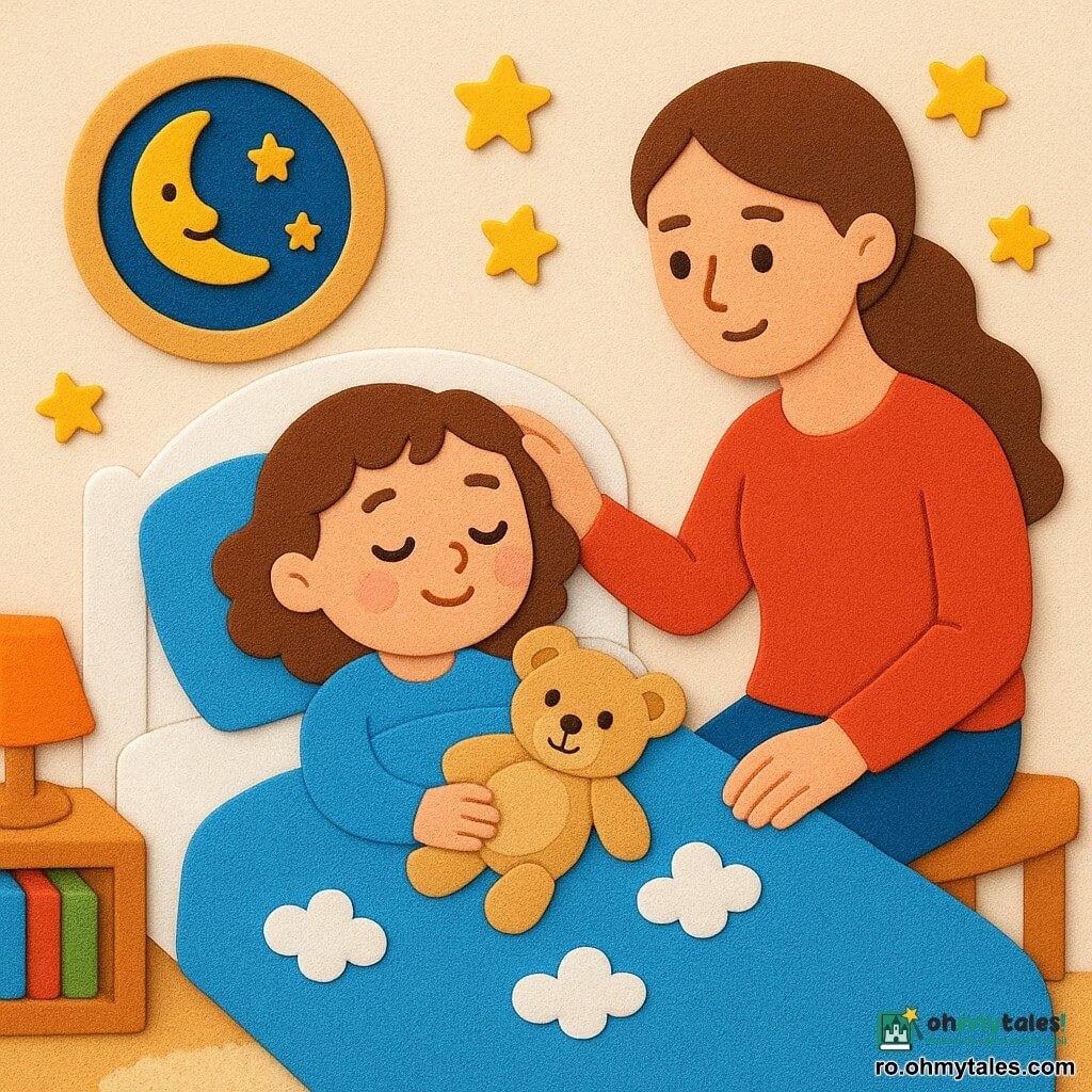 Fetiță de 4 ani, față rotundă, obraji roz, păr scurt, castaniu și creț, liniștită și zâmbitoare, întinsă într-un patuleț alb cu plapumă albastră până la umeri; mama ~30 ani, păr lung prins, privire blândă, așezată în partea dreaptă a patului cu mâna pusă ușor pe fruntea fetiței; ursuleț de pluș bej, cu ochi brodați negri, ținut de mâna stângă pe pătură. Cameră mică și caldă: pereți crem cu abțibilduri de stele galbene, fereastră rotundă spre cer de noapte albastru închis cu stele și lună zâmbitoare, lămpi de noptieră cu lumină caldă portocalie, covoraș pluș crem, rafturi joase cu cărți colorate. Fetița adoarme, respirație calmă, mici norișori albi în formă de abțibilduri plutesc în jurul picioarelor și burții ca niște flori care se închid. Stil vizual: forme simple, contururi groase, textură de spumă EVA vizibilă, culori pastel saturate, umbre foarte ușoare, compoziție centrată și lizibilă pentru copii mici.