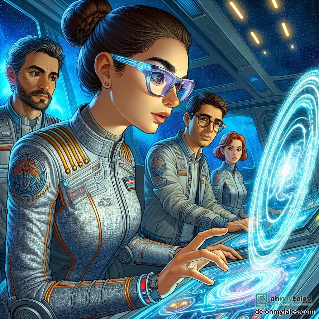 Im Zentrum des Bildes steht Dr. Elena Stern, eine Frau in ihren Dreißigern mit braunen Haaren im Dutt und futuristischen Brillen, die mit intensiver Konzentration und Staunen ein leuchtendes Hologramm einer mysteriösen Raumanomalie beobachtet. Sie trägt einen silbernen Raumanzug mit bunten Details, und ihre Augen funkeln vor Neugier. An ihrer rechten Seite beugt sich Mark, ein 28-jähriger Mann mit kurzen Haaren und einem leichten Bart, über ein Kontrollpult, seine geschickten Hände tippen auf leuchtende Tasten. Er zeigt einen entschlossenen Gesichtsausdruck, bereit, Elena in dieser entscheidenden Mission zu unterstützen. Im Hintergrund kommuniziert Sarah, eine 25-jährige Frau mit roten Haaren und runden Brillen, über einen Bildschirm mit einem anderen Raumschiff, ihr Gesicht wird vom bläulichen Licht der vorbeiziehenden Daten erleuchtet. Sie wirkt besorgt, aber entschlossen. Die Szene spielt auf der Brücke der Nebula, einem modernen Raumschiff mit glänzenden Metallwänden und holographischen Bildschirmen, die Bilder des Weltraums projizieren. Durch die Fenster ist die Weite des Kosmos zu sehen, gespickt mit funkelnden Sternen und einem geheimnisvollen blauen Schimmer, der von der Anomalie ausgeht. Die Hauptsituation zeigt Elena und ihr Team in voller Aktion, während sie versuchen, die pulsierende Raumanomalie zu verstehen und zu analysieren, während sie sich auf eine gewagte Rettungsmission vorbereiten.