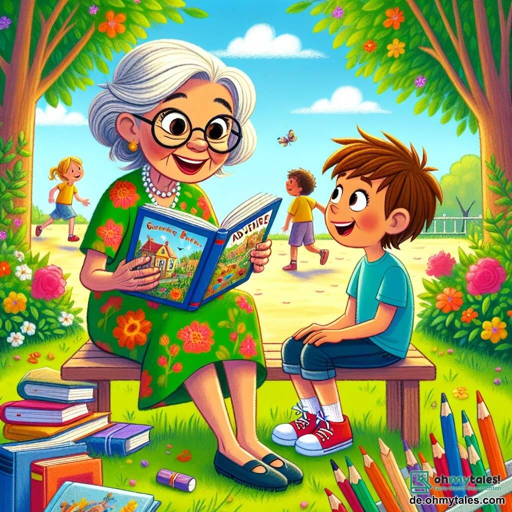 Frau Müller, eine ältere Frau mit grauen Haaren und runden Brillen, sitzt auf einer Bank in einem sonnigen Park. Sie trägt ein buntes Blumenkleid und hat ein warmes Lächeln im Gesicht, das ihre Leidenschaft für das Unterrichten zeigt. Sie liest ein Buch mit Abbildungen von Abenteuern, umgeben von offenen Büchern und bunten Stiften. Neben ihr sitzt Tim, ein 8-jähriger Junge mit unordentlichen braunen Haaren und einem blauen T-Shirt, dessen Augen vor Aufregung leuchten. Er schaut aufmerksam zu Frau Müller, hört ihren Geschichten mit einem großen Lächeln zu, die Hände auf den Knien. Der Park ist voller grüner Bäume, bunter Blumen und eines klaren blauen Himmels. Kinder spielen in der Ferne, was der Szene eine fröhliche Atmosphäre verleiht. Die Hauptsituation zeigt Frau Müller, die ihre Leidenschaft für das Lernen mit Tim teilt, ihm Abenteuergeschichten erzählt und ihn ermutigt, Fragen zu stellen und groß zu träumen.