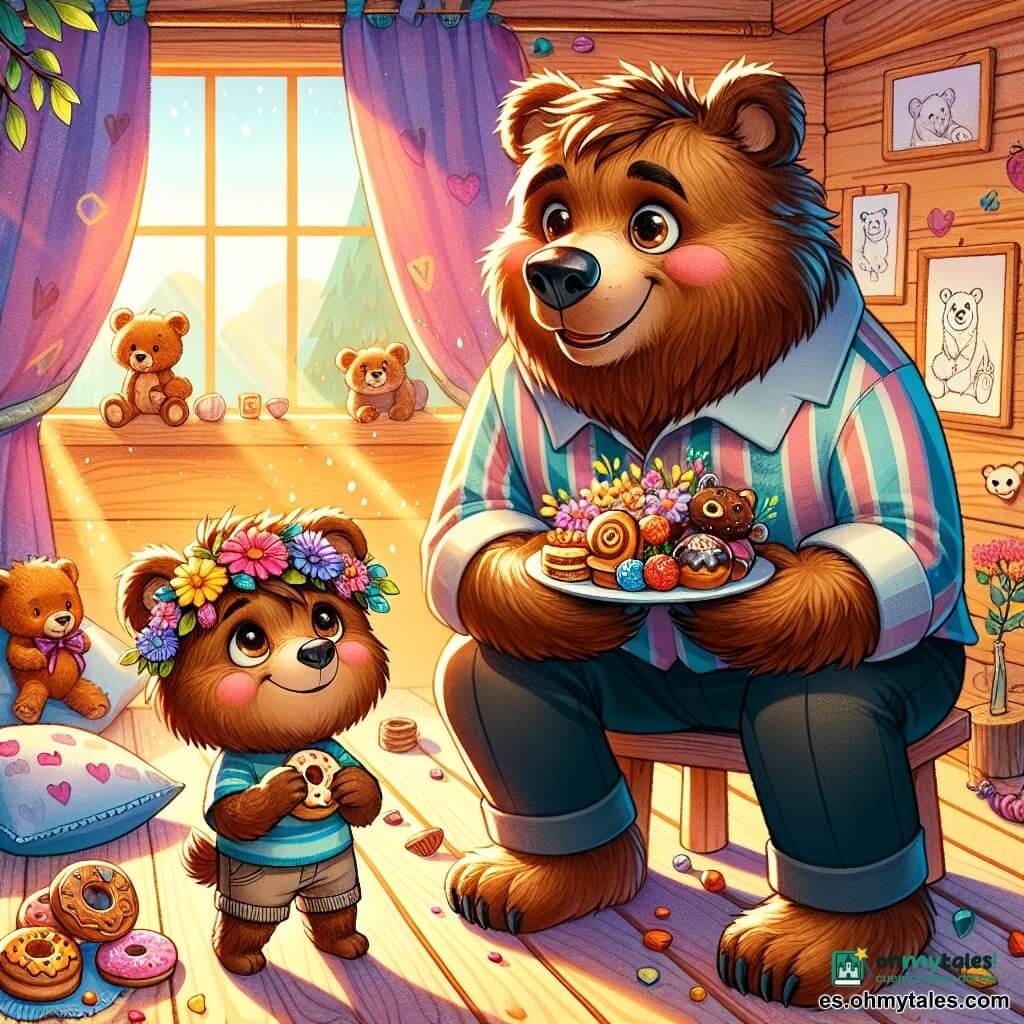 Un pequeño oso marrón, Osito, con un pelaje suave y ojos brillantes de alegría, está de pie sobre una silla de madera, sosteniendo una hermosa banda de flores coloridas y un plato lleno de delicias. Sonríe con orgullo, sus mejillas rosadas delatan su emoción. A su lado, un gran oso, Papá Oso, con un pelaje más oscuro y una expresión cálida, mira a su hijo con admiración. Está sentado en la cama, rodeado de cojines suaves, y su sonrisa irradia amor y felicidad. La escena se desarrolla en una cabaña de madera, decorada con dibujos de animales y rayos de sol filtrándose por la ventana. Juguetes de peluche están esparcidos por el suelo, añadiendo un toque de magia a la atmósfera. Osito presenta orgullosamente su desayuno improvisado para el Día del Padre, un plato colorido adornado con flores y dulces, mientras Papá Oso, emocionado, se prepara para degustar este festín hecho con amor.