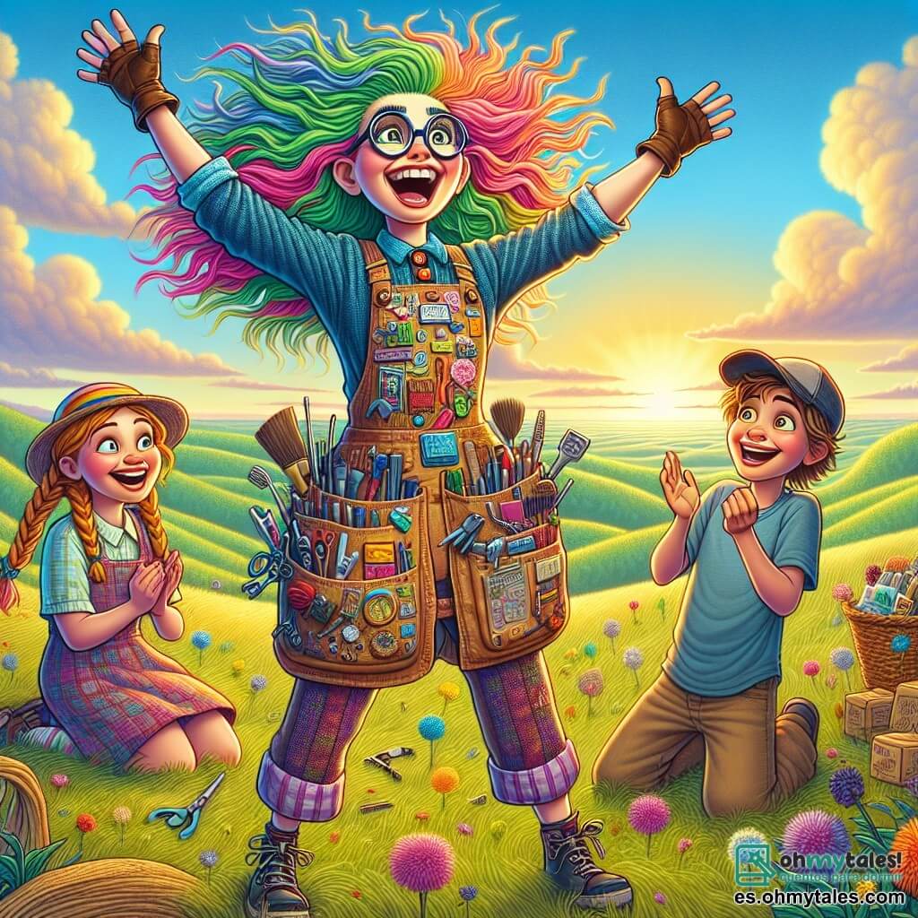 Clara, una joven con el cabello desordenado de colores vivos como verde, rosa y azul, ríe con entusiasmo, con los brazos levantados hacia el cielo. Lleva un delantal colorido lleno de bolsillos rebosantes de herramientas y materiales de invención. A su lado, Pedro, un niño de unos 8 años con gafas redondas y una gorra al revés, se prepara para lanzarse al aire con una gran sonrisa, mientras que Andrea, una niña con coletas rubias, aplaude emocionada, con los ojos brillando de alegría. La escena tiene lugar en un campo verde, bañado por la luz dorada del sol poniente, con flores coloridas que bailan al viento. Al fondo, suaves colinas se dibujan bajo un cielo azul salpicado de nubes esponjosas. Clara y los niños están a punto de probar el "Traje Volador", un disfraz extravagante hecho de materiales diversos, con alas de kitesurf y globos de helio, listos para volar en una alegre competencia de danza aérea.