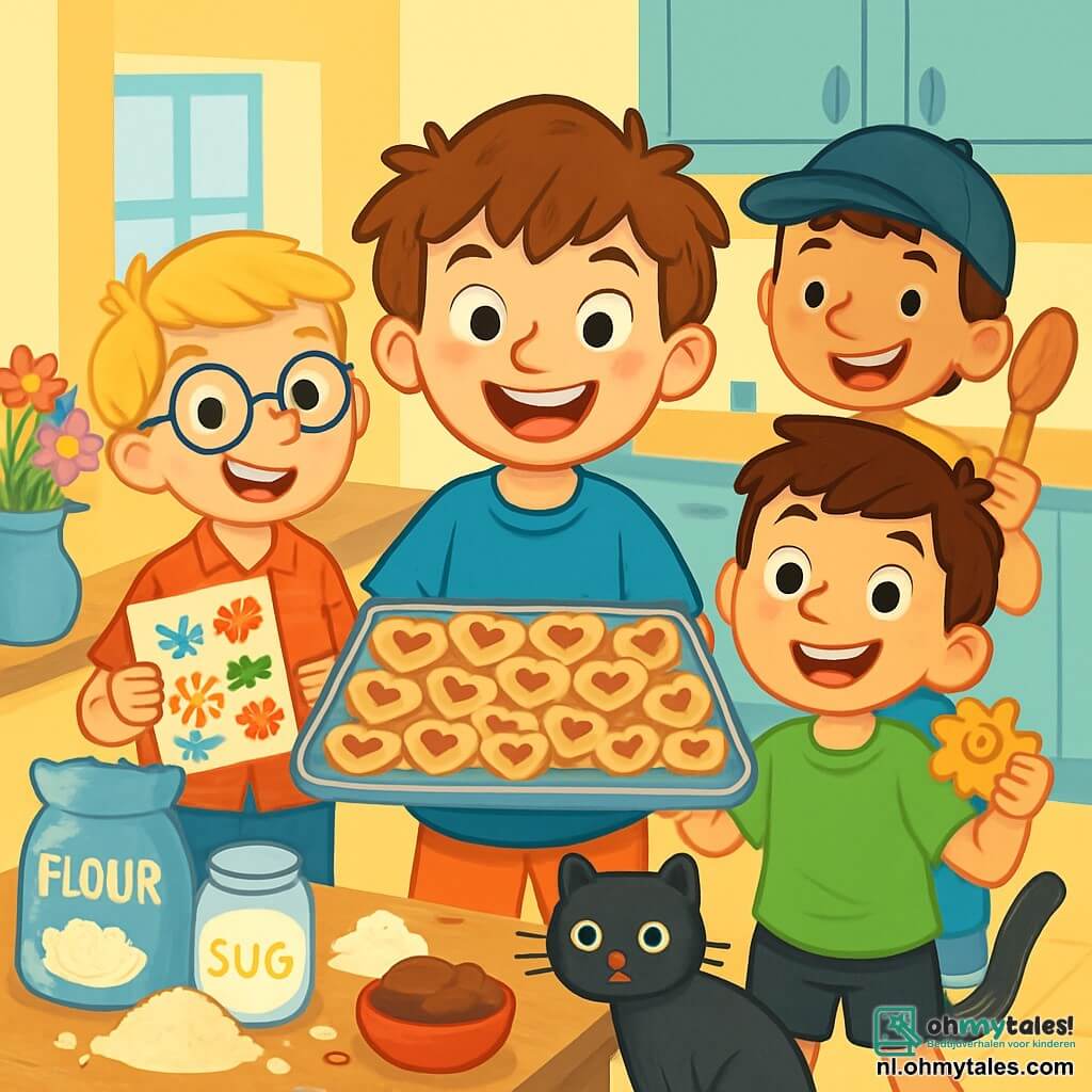 Er zijn 4 kinderen: Tijn: een 8-jarig jongetje met rommelig kastanjebruin haar en sprankelende ogen. Hij draagt een blauwe t-shirt en een short. Hij staat in het midden en houdt een groot dienblad met heerlijke hartvormige koekjes vast. Bram: een 8-jarig jongetje met blond haar en ronde bril. Hij draagt een rood geruit shirt en een spijkerbroek. Hij staat links van Tijn, glimlachend en houdt een kleurrijke kaart met tekeningen vast. Sam: een 8-jarig jongetje met bruin haar en een ondeugende glimlach. Hij draagt een groene t-shirt en een zwarte short. Hij staat rechts van Tijn en toont een zonvormig koekje met een blije uitdrukking. Mike: een 8-jarig jongetje met zwart haar en een pet. Hij draagt een gele t-shirt en een blauwe broek. Hij staat iets naar achteren en houdt een grote houten lepel vast, klaar om het koekjesdeeg te mengen. De situatie speelt zich af in een lichte en warme keuken met pastelgele muren. Op de houten tafel liggen verspreid ingrediënten: bloem, suiker en chocolade. Kleurige bloemen staan in een vaas op de hoek van de tafel, en een zwarte kat genaamd Flip loopt om de benen van de kinderen, hopend op een stuk koekje. De kinderen bereiden een verrassingsontbijt voor Moederdag, met lachen en glimlachen, omringd door versgebakken koekjes, handgemaakte kaarten en een vrolijke, feestelijke sfeer.