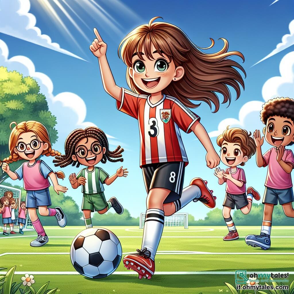Una giovane donna, Samantha, è al centro dell'immagine, sorridente e piena di energia, con lunghi capelli castani raccolti in una coda di cavallo. Indossa un abbigliamento da calcio colorato, con una maglietta rossa e pantaloni neri, e dribbla un pallone da calcio con facilità sul campo. Intorno a lei ci sono diversi bambini: un ragazzo di 8 anni, con capelli biondi e occhiali, che alza le braccia in segno di vittoria dopo aver segnato un gol; una ragazza di 7 anni, con trecce e un abbigliamento da calcio rosa, che applaude con entusiasmo; e un ragazzo di 9 anni, con capelli castani, che corre verso Samantha con un grande sorriso, pronto a chiederle un autografo. La scena si svolge su un campo da calcio soleggiato, circondato da vegetazione, con alberi sullo sfondo e un cielo blu punteggiato di nuvole bianche. Linee bianche delimitano il campo, e i bambini giocano gioiosamente intorno, creando un'atmosfera festosa. La situazione principale mostra Samantha mentre gioca a calcio con i bambini, insegnando loro tecniche di gioco e celebrando i loro successi, illustrando così la gioia e lo spirito di squadra.