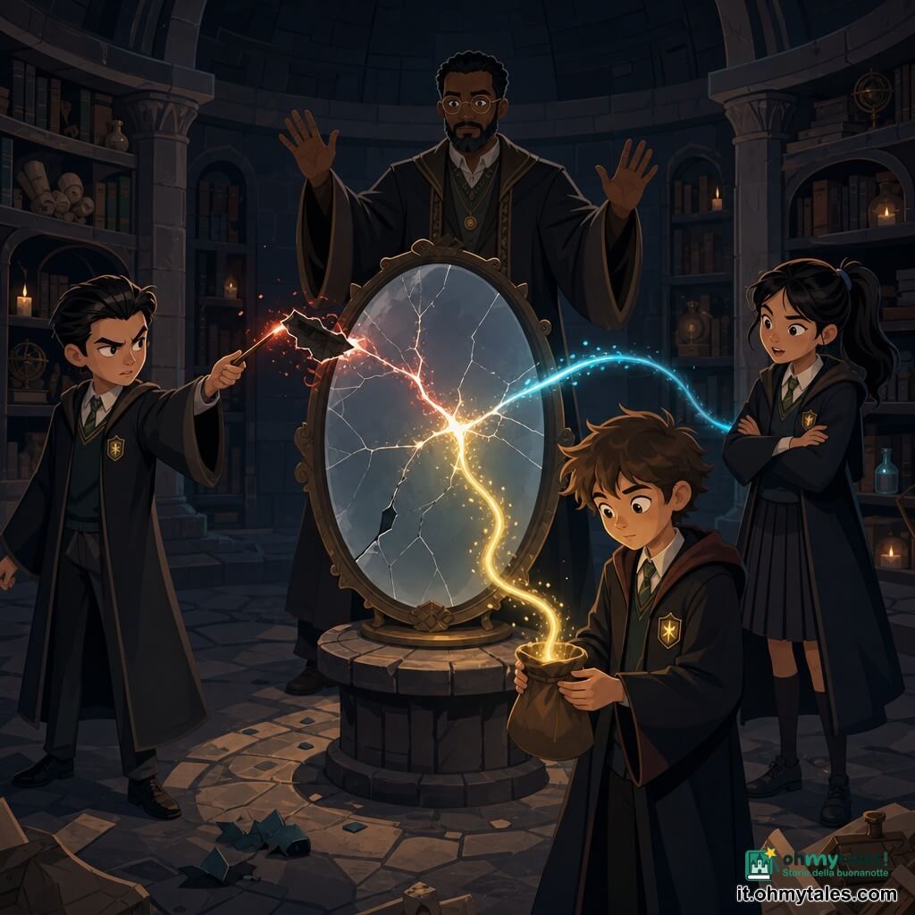 Il protagonista è un ragazzo mago di circa 11 anni, viso curioso e concentrato, capelli castani arruffati, veste scolastica scura con distintivo luminoso; tiene una piccola borsa da cui un filo di luce scintilla e guarda la corda luminosa con espressione dolce e risoluta, la compagna è una ragazza adolescente di circa 12 anni, capelli neri raccolti, sguardo vivace e malizioso, uniforme scolastica, leggermente dietro a destra con le braccia incrociate che osserva stupita; il rivale è un ragazzo di circa 12 anni, capelli scuri pettinati all’indietro, aria arrogante e frustrata, veste curata, a sinistra tende una bacchetta verso un grande specchio opale rompendo parte della luce; l’adulto professore è un uomo maturo con barba corta e occhiali rotondi, veste consumata ma pulita, sta dietro i bambini con le braccia alzate, calmo e protettivo; il luogo è una sala rotonda d’archivio scura con scaffali alti pieni di bobine luminose, muri di pietra e pavimento in lastre consumate, al centro uno specchio ovale opaco su un piedistallo e polvere scintillante sospesa; la scena principale mostra lo specchio incrinato che emette tre fili di luce, uno scivola nella borsa del ragazzo mentre gli altri si disperdono, atmosfera drammatica ma dolce di mistero e riparazione.