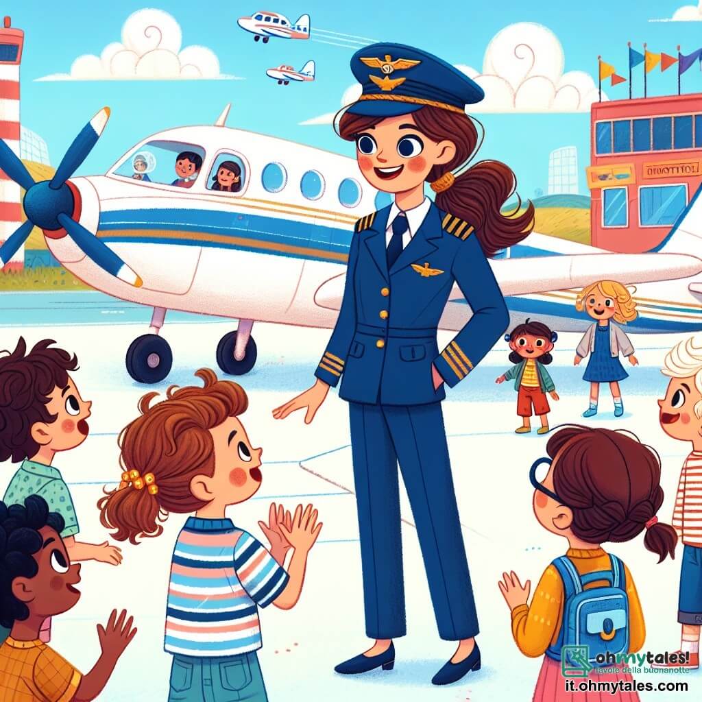 Clara, una coraggiosa pilota di circa trent'anni, è in piedi accanto al suo splendido aereo bianco con strisce blu, con un grande sorriso sul volto. Indossa un'uniforme da pilota blu con stelle dorate, i capelli castani raccolti in una coda di cavallo, e guarda con orgoglio i bambini che la circondano. Un gruppo di cinque bambini, di età compresa tra 6 e 8 anni, è davanti a lei, con gli occhi brillanti di eccitazione. Un ragazzo con un piccolo cappello rosso alza la mano, curioso, mentre una ragazza dai capelli ricci e occhiali rotondi sorride ascoltando attentamente. Gli altri bambini, un ragazzo biondo e una ragazza con trecce, sono seduti per terra mentre imitano il volo con le braccia. La scena si svolge in un aeroporto colorato, con aerei di tutte le dimensioni sullo sfondo e nuvole bianche che fluttuano in un cielo blu brillante. Clara spiega ai bambini come funziona un aereo, mostrando loro le ali e i comandi, mentre insieme immaginano il volo tra le nuvole. È un momento di condivisione e meraviglia, pieno di gioia ed entusiasmo.