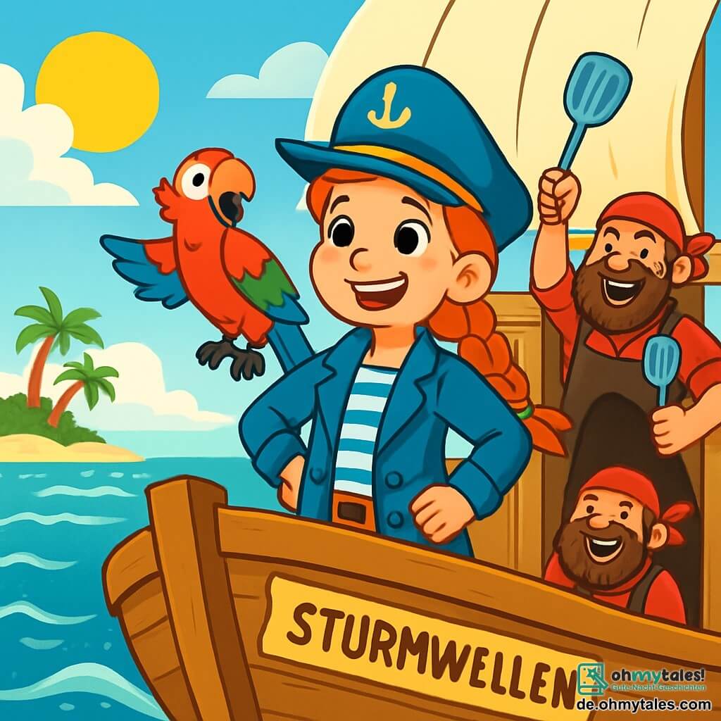 Kapitänin Lina, ein junges Mädchen mit geflochtenem rotem Haar, steht stolz auf dem Deck ihres Schiffes, der „Sturmwellen“. Ihr Gesicht strahlt Entschlossenheit und Aufregung aus, ihre Augen funkeln wie Sterne, während sie den Horizont absucht. Neben ihr sitzt Karli, ein Papagei mit leuchtend blauen, roten und grünen Federn, der fröhlich schreit und seine Flügel leicht ausbreitet. Weiter hinten kommt Huck, ein kräftiger Mann mit braunem Bart und rotem Bandana, aus der Schiffsküche und schwingt einen Pfannenwender wie ein Schwert, während er herzlich lacht. Der Ort ist ein weitläufiger Ozean mit funkelnden Wellen unter der goldenen Sonne und einem blauen Himmel, der mit flauschigen weißen Wolken übersät ist. In der Ferne zeichnet sich eine geheimnisvolle Insel mit grünen Palmen und einem goldenen Sandstrand ab. Die Hauptsituation zeigt Lina und ihre Crew inmitten eines Abenteuers, bereit, einem herannahenden Sturm zu trotzen und nach einem versteckten Schatz auf einer magischen Insel zu suchen. Die lebendigen Farben und die fröhlichen Ausdrücke der Charaktere vermitteln ein Gefühl von Aufregung und Kameradschaft.