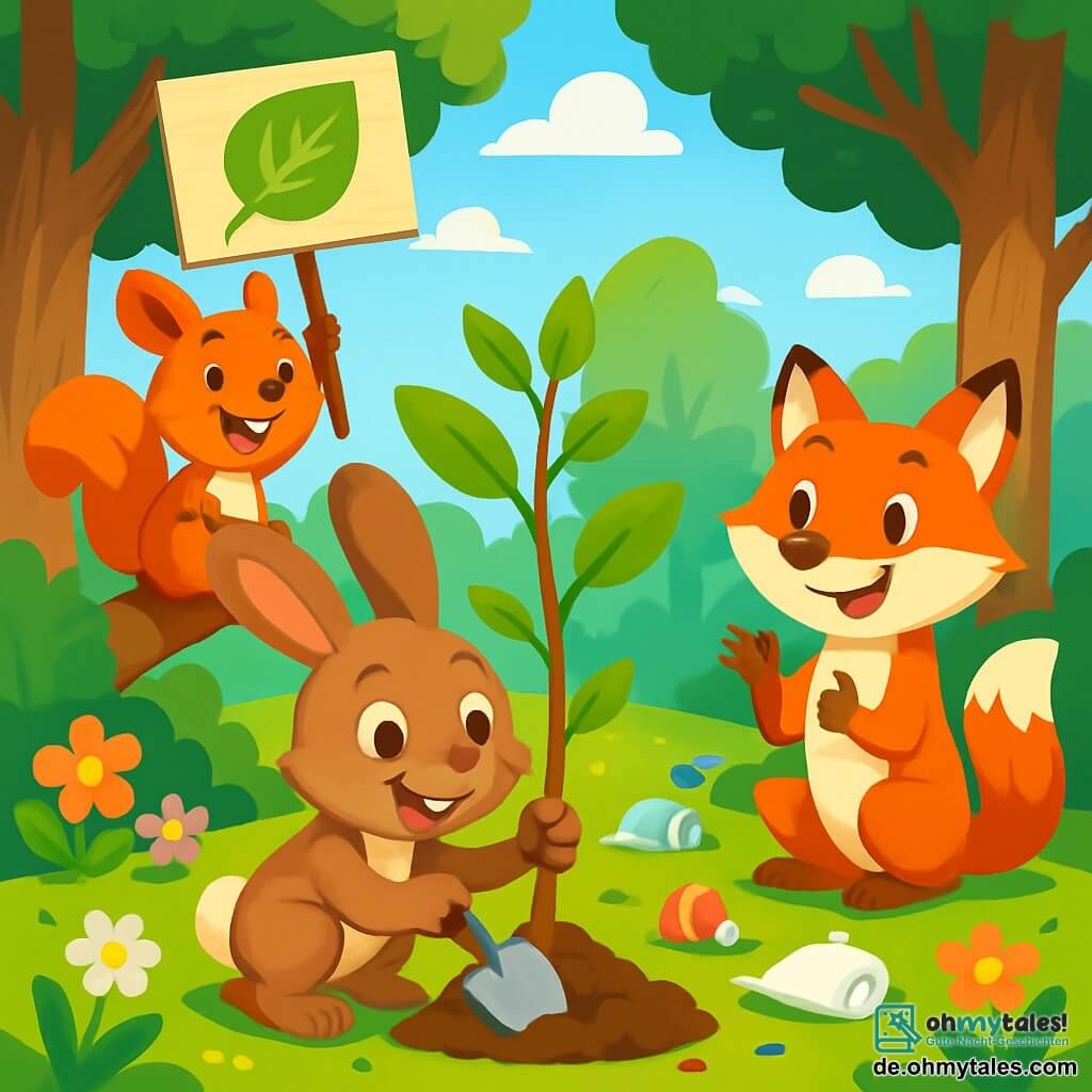 In einer sonnigen Lichtung lächelt ein kleiner Hase namens Max mit großen Ohren und weichem, braunem Fell begeistert, während er eine Miniaturspaten hält. Er pflanzt einen jungen Baum, seine Augen strahlen vor Freude und Entschlossenheit. Neben ihm klettert Lilli, ein Eichhörnchen mit rotem Fell und buschigem Schwanz, auf einen niedrigen Ast und hält ein buntes Schild mit der Aufschrift "Waldretter!" und einem breiten Lächeln. Etwas weiter beobachtet Felix, ein leuchtend orangefarbener Fuchs, amüsiert mit überkreuzten Pfoten und ermutigt seine Freunde mit begeisterten Gesten. Der Ort ist ein grüner Wald, gefüllt mit majestätischen Bäumen, bunten Blumen und einem strahlend blauen Himmel, wo Sonnenstrahlen durch die Blätter filtern und tanzende Schatten auf den Boden werfen. Die Hauptsituation zeigt Max und seine Freunde, die aktiv Bäume pflanzen und den Boden säubern, umgeben von Müll, den sie entschlossen aufheben und der ihr Engagement zum Schutz ihres schönen Waldes symbolisiert.