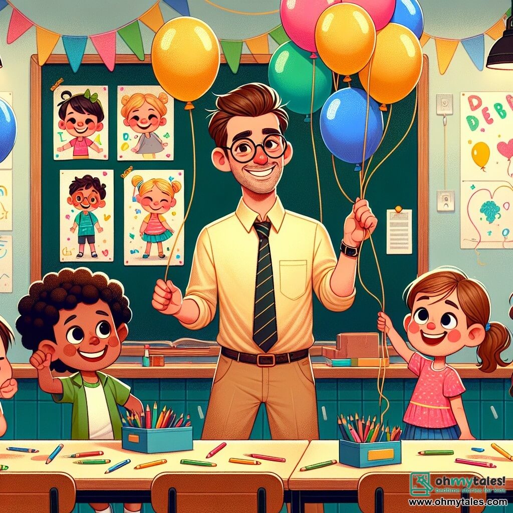 A smiling teacher in his thirties with brown hair and round glasses stands at the center of the scene. He wears a colorful shirt and beige pants, decorating the classroom with multicolored balloons, displaying a joyful and enthusiastic expression. To his right, an 8-year-old girl, Lucy, with curly hair and a pink dress, is hanging a shiny poster on the wall, her face lit up by a big smile. To his left, a 9-year-old boy, Sam, with blonde hair and a blue t-shirt, is blowing up a balloon, laughing happily. The scene takes place in a bright classroom filled with vivid colors, wooden tables, scattered crayons, and drawings on the walls, creating a festive and joyful atmosphere. The main situation shows the teacher and his students preparing for a big end-of-year party, filled with excitement and camaraderie, ready to celebrate their school year together.