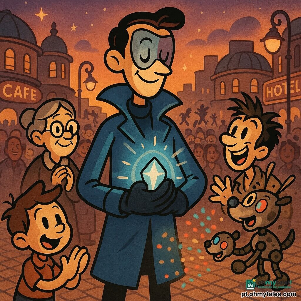 Um herói alto e esguio com capa azul brilhante e máscara prateada cobrindo metade do rosto, expressão determinada e benevolente, segura junto ao peito um Cristal Luminar que emite halos brancos e azuis; à esquerda, um menino de ~8 anos, cabelo castanho despenteado, sorrindo e aplaudindo, olha para o cristal; atrás do herói, uma bibliotecária de ~60 anos, cabelo grisalho preso, óculos redondos, mãos juntas, aliviada e orgulhosa; à direita, um inventor de ~30 anos, cabelo bagunçado e jaqueta manchada de óleo, segura um pequeno robô-cão chamado Zig que projeta padrões luminosos e dança diante da multidão; cenário: praça pavimentada ao crepúsculo com edifícios de telhados curvos e luminárias art déco, multidão ao fundo e alguns malfeitores fugindo; atmosfera triunfante, luzes dinâmicas e cores quentes e contrastadas.