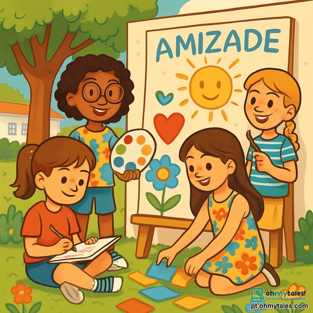 Há 4 crianças: - Sofia: uma menina de 10 anos, com cabelo castanho preso em um rabo de cavalo, vestindo uma camiseta vermelha e um short jeans. Ela está sentada na grama, com um caderno de desenho no colo, desenhando com um lápis. - Rita: uma menina de 10 anos, com óculos redondos e cabelo cacheado, vestindo uma blusa colorida. Ela está em pé ao lado de Sofia, segurando uma paleta de pintura cheia de cores vibrantes, sorrindo entusiasticamente. - Beatriz: uma menina de 10 anos, com cabelo longo e liso, vestindo um vestido florido. Ela está agachada, colando imagens recortadas em um grande painel de madeira, cercada por papéis coloridos. - Lara: uma menina de 10 anos, com cabelo loiro e tranças, vestindo uma camiseta listrada. Ela está em pé atrás de Beatriz, segurando um pincel e olhando para o painel com orgulho. O local da cena é um jardim escolar ensolarado, cheio de flores coloridas e grandes árvores verdes. Ao fundo, vê-se uma parede branca onde as crianças estão preparando um grande mural, decorado com desenhos alegres e frases inspiradoras. A cena principal mostra os quatro amigos trabalhando juntos com entusiasmo para criar um lindo mural, ilustrando sua amizade e orgulho. As expressões de alegria e concentração em seus rostos transmitem uma atmosfera de colaboração e criatividade.