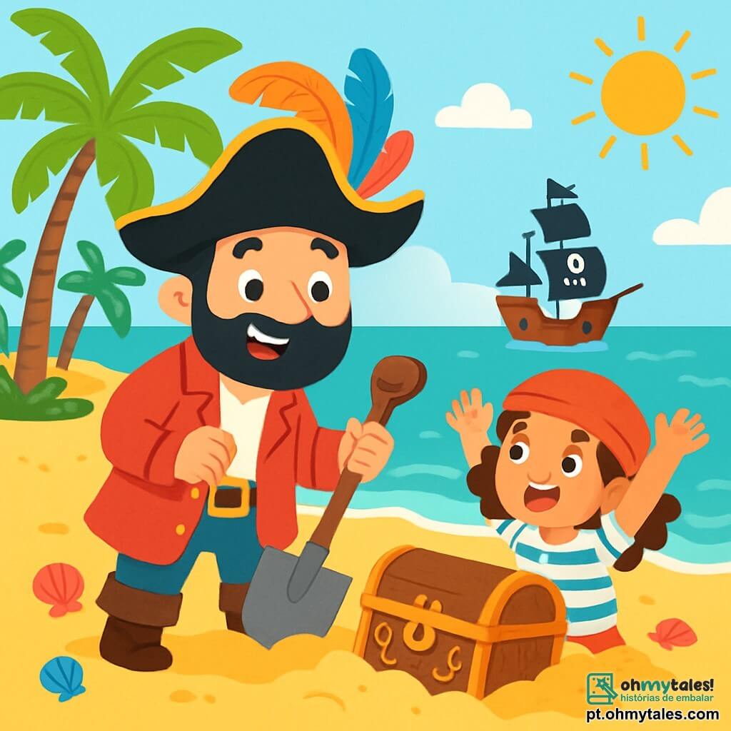 Um homem, o capitão João, está de pé na areia dourada da ilha, com um grande chapéu de pirata adornado com penas coloridas. Ele sorri radiante e seus olhos brilham de alegria. Ele segura uma pá de madeira, pronto para desenterrar um tesouro. Ao seu lado, uma menina de cabelos cacheados, com cerca de 6 anos, usa um bandana vermelho e uma camiseta listrada. Ela olha para o capitão com admiração, com os braços levantados em sinal de empolgação. O cenário é uma praia ensolarada, com palmeiras verdes balançando suavemente ao vento e ondas turquesas quebrando suavemente na costa. Ao longe, avista-se um barco pirata navegando no oceano cintilante. A cena principal mostra o capitão João e a menina cavando na areia, cercados por conchas coloridas, enquanto descobrem um velho baú de madeira decorado com padrões dourados.