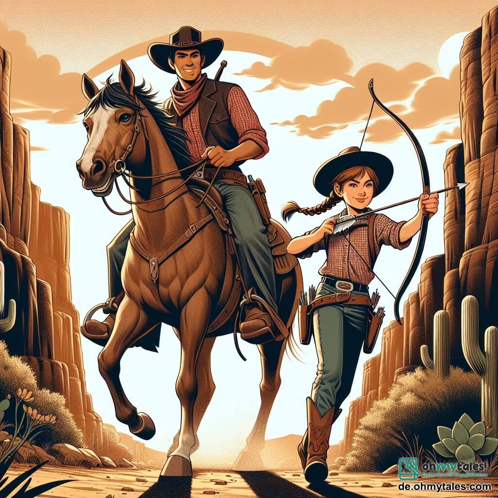 Ein junger Cowboy, Samuel, etwa 20 Jahre alt, steht im Mittelpunkt des Bildes, mit einem breiten Cowboyhut, einem rot karierten Hemd und einer abgetragenen Jeans. Sein Gesicht strahlt Entschlossenheit aus, während er die Zügel seines Pferdes Max, einem prächtigen braunen Mustang mit lebhaften Augen, fest hält, der bereit scheint zu galoppieren. An seiner Seite steht Jane, 18 Jahre alt, mit geflochtenen kastanienbraunen Haaren und einem bunten Cowgirl-Outfit, die mit einem selbstbewussten Lächeln einen Bogen spannt, bereit, ihren Freund zu verteidigen. Die Szenerie zeigt einen weiten Canyon mit steilen Felswänden, beleuchtet vom goldenen Licht der untergehenden Sonne, während Schatten über den staubigen Boden tanzen. Kaktusse und verstreute Büsche bringen etwas Grün in diese trockene Landschaft. Im Vordergrund stehen Samuel und Jane vereint einem bedrohlichen Banditen, Jack, gegenüber, der im Hintergrund bereit ist, ein geheimnisvolles, schimmerndes Artefakt von einem Felsen zu stehlen. Die Atmosphäre ist angespannt, doch der Geist von Abenteuer und Freundschaft leuchtet in den Augen der beiden Helden.