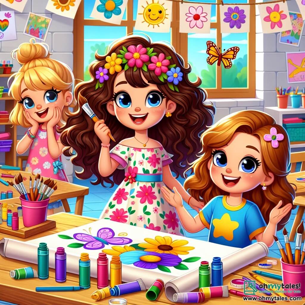 In a bright and colorful classroom, three 8-year-old girls stand together, surrounded by art supplies. Lily, with curly brown hair, wears a floral dress and smiles enthusiastically while holding a paintbrush. Next to her, Mia, with blonde hair and bangs, is in a blue t-shirt and is drawing butterflies on a large sheet of paper. Finally, Ava, with smooth chestnut hair, wears a yellow t-shirt and makes funny gestures while talking about their project, smiling widely. The classroom is decorated with colorful drawings on the walls, wooden tables filled with vibrant paints and crayons, and a large window lets in sunlight, brightening the space. The three friends are working together on their project for the school fair, a vibrant mural with a paper volcano bursting with colorful flowers, symbolizing their creativity and friendship.