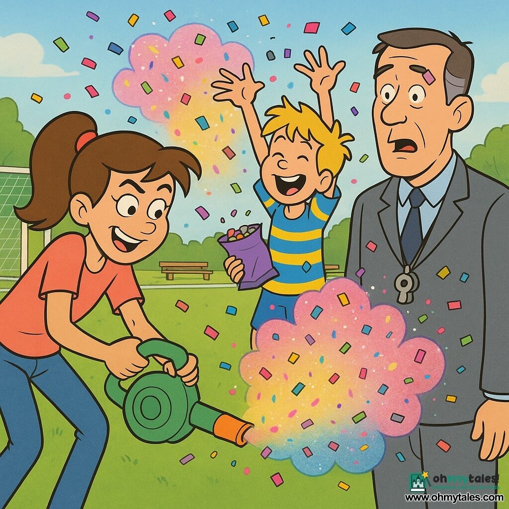 A 12-year-old girl, Maya, exasperated yet amused, smiling with a raised eyebrow, brown mid-length hair in a ponytail, coral T-shirt and jeans, leaning forward with hands reaching for a small leaf blower spewing confetti; an enthusiastic 8-year-old boy, Leo, with messy blond hair and a blue-and-yellow striped shirt, laughing and holding an open bag of confetti slightly behind her with arms raised as confetti swirls around; a stern but comical neighbor, Mr. Dalloway, about 50, in a gray suit with a whistle around his neck and a confetti piece on his eyebrow, standing a few steps away looking surprised; neighborhood football field with green lawn, white goalposts, chalked sideline, benches and trees, blue sky with light clouds; the main scene is a bright, dynamic cloud of pink, yellow, blue and green confetti and glitter bursting from the blower and sticking to hair and clothes.