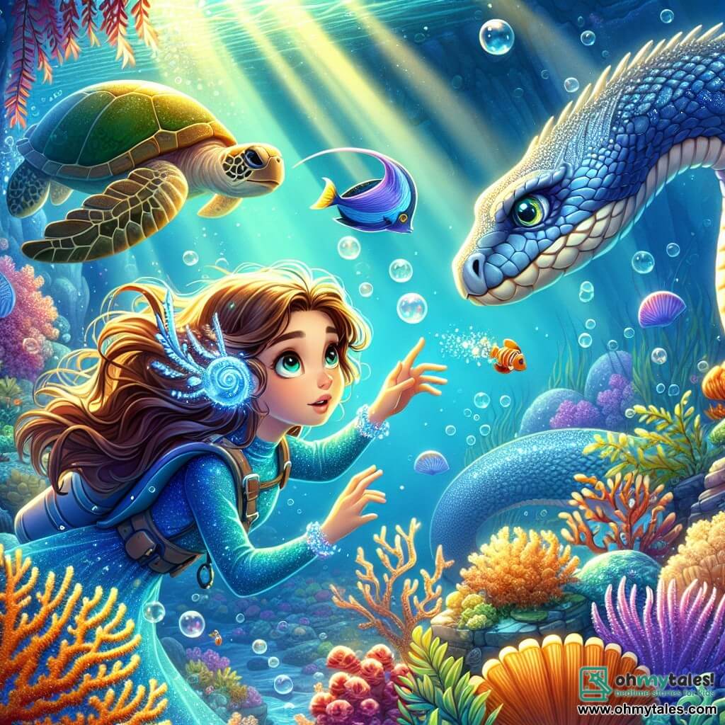 A 12-year-old girl, Lila, with long brown hair floating in the water, wears a shimmering blue wetsuit. Her face shows wonder and curiosity, with eyes sparkling with excitement as she explores an enchanting underwater world. Beside her is a large, wise sea turtle named Tyrus, with a shell adorned with golden patterns, swimming slowly and watching Lila kindly. In the background, a majestic sea serpent, Eira, with silver scales and piercing eyes, glides gracefully through colorful corals. The scene takes place in a vibrant ocean filled with multicolored corals, brightly colored fish, and rays of light filtering through the water's surface. Bubbles escape around them, adding a touch of magic to the environment. Amazed, Lila reaches out toward a shimmering fragment of memory floating among the corals, symbolizing her quest to reclaim what has been lost.