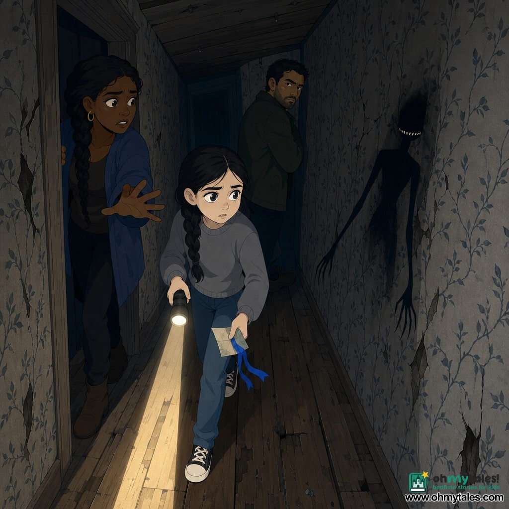 12-year-old Mara, alert and determined with wide worried eyes and a dark braid, wearing a gray sweater and jeans, holds a folded small map and a blue ribbon, cautiously entering a narrow corridor with a flashlight casting a thin rectangle of floor light; Aunt Lysa (~45) with braided hair and a fearful-but-brave expression stands just behind in the doorway, hand out to protect, while Uncle Ren (~47) with a light beard watches from the shadowed recess ready to intervene; the Whisper-Walker, a non-human, very thin negative silhouette with overly long arms ending in pointed fingers and a horizontal mouth filled with small white tooth-like shapes, recoils into the darkness, half merged with the vine-patterned wallpaper; setting is a claustrophobic narrow hallway with old patterned wallpaper, worn wooden floor, low ceiling, visible cracks and nails (one nail holding a small blue ribbon); tense moment as Mara discovers the "turn that is not there" and the blue ribbon, flashlight light striking the creature as it retreats, strong light-and-shadow contrast and a limited palette of bluish grays, brown wood and bright blue accents.