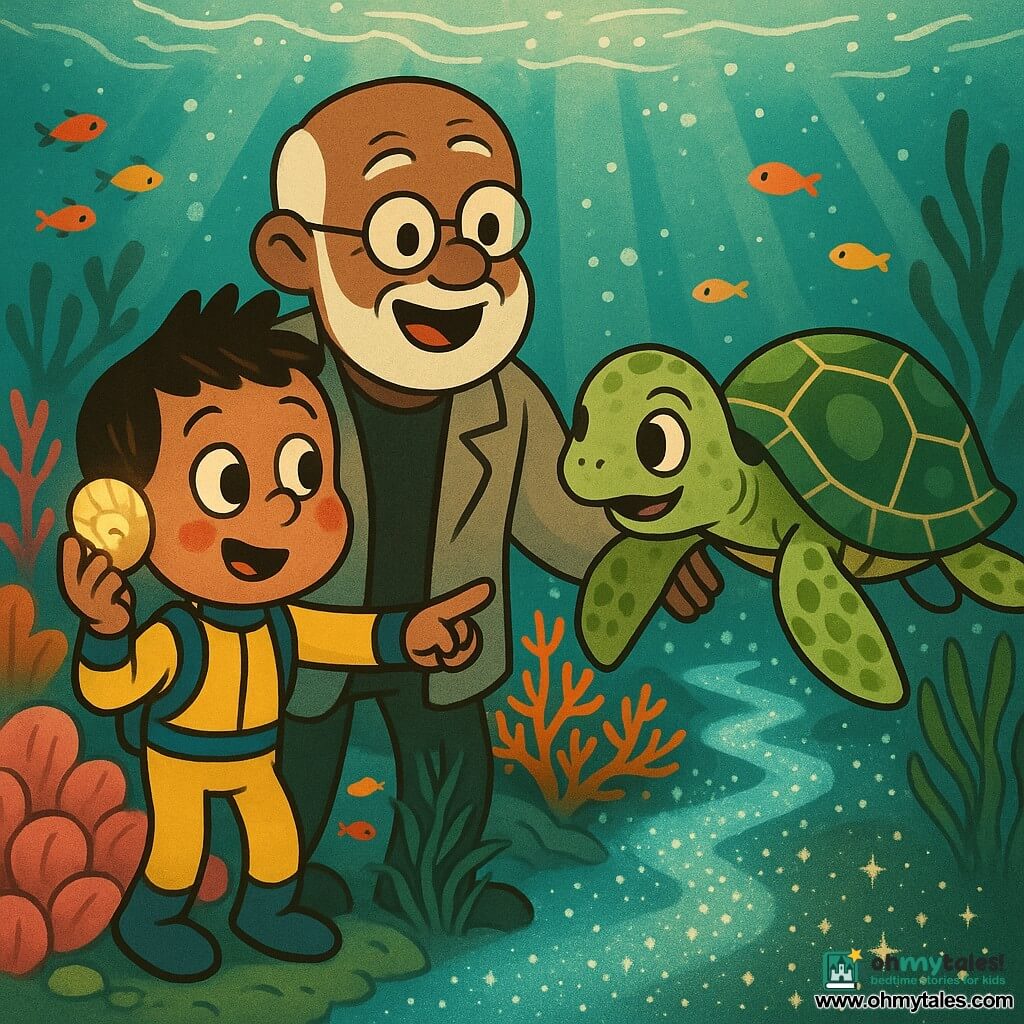 A joyful but slightly nervous 6-year-old boy holds a glowing shell to his ear; he has brown crew-cut hair, large curious eyes, rosy cheeks and wears a yellow wetsuit with blue stripes. Behind him a reassuring 70-year-old grandfather smiles, with a short white beard, round glasses, a light jacket over a wetsuit and an outstretched hand. A sea turtle named Tula floats a few meters in front of them with a large green shell marbled with gold, gentle eyes and open, slow flippers as if inviting them. They are in an underwater coral garden with pink cushion corals, bright orange branching coral, emerald seagrass and schools of small colorful fish. Three paths branch between the corals: a glowing electric-blue path, a path of long waving seaweed, and a path strewn with tinkling sparkling bubbles. The mood is soft and magical with turquoise shafts of light, floating stardust-like particles and the water surface above reflecting silver. The main moment shows the hesitant but brave boy pointing the shell toward the three paths while his grandfather supports him and the turtle encourages him to move forward.