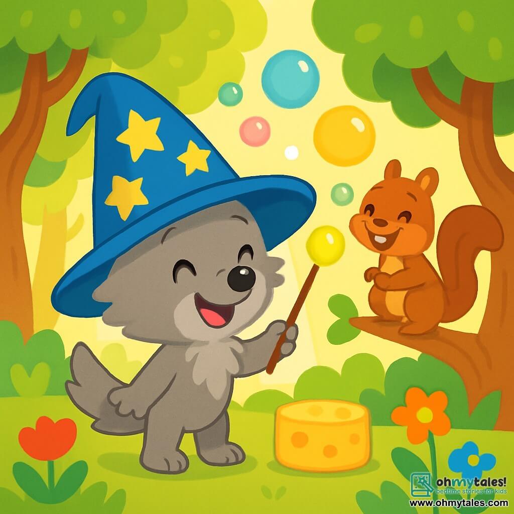 A small, soft gray wolf wearing a large blue wizard hat with golden stars stands in the center of the image, with a big amused smile and sparkling mischievous eyes. He waves a small wooden magic wand, surrounded by colorful bubbles floating around him. To his right, a playful squirrel with brown fur and a bushy tail looks at the wolf with a joyful smile, his eyes shining with curiosity. He sits on a tree branch, ready to burst into laughter. The setting is an enchanted forest filled with gnarled trees and brightly colored flowers, with rays of sunlight filtering through the foliage. The main scene shows the little wolf trying to cast a magical spell, but instead of creating cheese, he conjures bubbles that make all the characters laugh, creating a joyful and playful atmosphere.