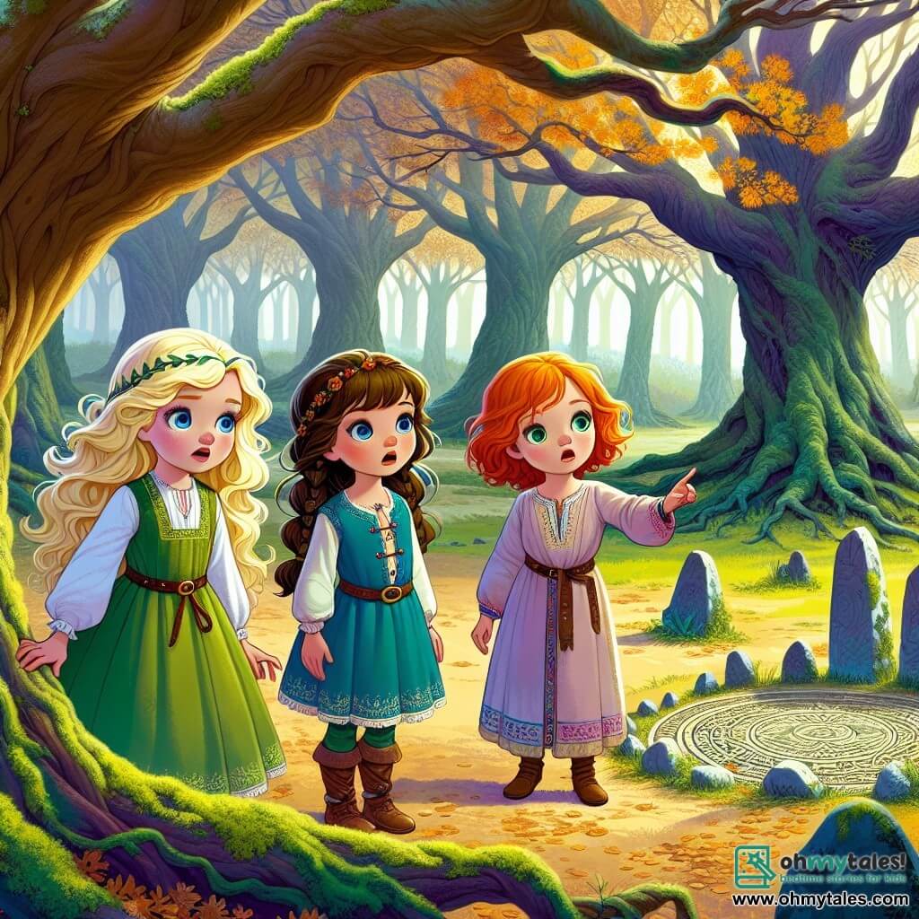 In an enchanted clearing, three nine-year-old girls stand together: Lily, with blonde hair and sparkling eyes, wearing a green dress and looking in wonder. Next to her, Mia, with braided brown hair and a blue tunic, points at a majestic ancient oak. Finally, Sophie, with red hair and a pink dress, stands slightly back, her eyes wide with fear. The clearing is surrounded by tall, gnarled trees with branches extending like protective arms. Golden leaves gently fall, creating a colorful carpet on the ground. In the center, a circle of ancient stones, covered in moss, faintly glows under the light of a mysterious moon. The three friends stand before the stone circle, listening to the whispers of the woods that seem to call them. They are about to discover an ancient secret, their hearts racing with excitement and apprehension.