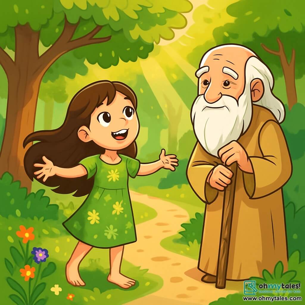 A 12-year-old girl, Elara, with long flowing brown hair, sparkling curious eyes, and a wondrous smile, stands at the edge of a forest path, arms open as if welcoming the world. She wears a light green cotton dress adorned with floral patterns, and her bare feet touch the soft grass. Beside her, a wise elder with a long white beard and knowing eyes, dressed in a beige tunic, holds a carved wooden staff. He observes Elara with a benevolent smile, as if sharing a precious secret. The setting is an enchanted forest, with majestic trees and vibrant green leaves filtering the golden sunlight, creating dancing shadows on the ground covered with colorful wildflowers. Rays of light pierce through the foliage, illuminating Elara's face. The main scene shows Elara listening attentively to the whispers of the leaves, her eyes wide open, captivated by the stories the forest has to tell, while the elder teaches her the art of listening to nature.