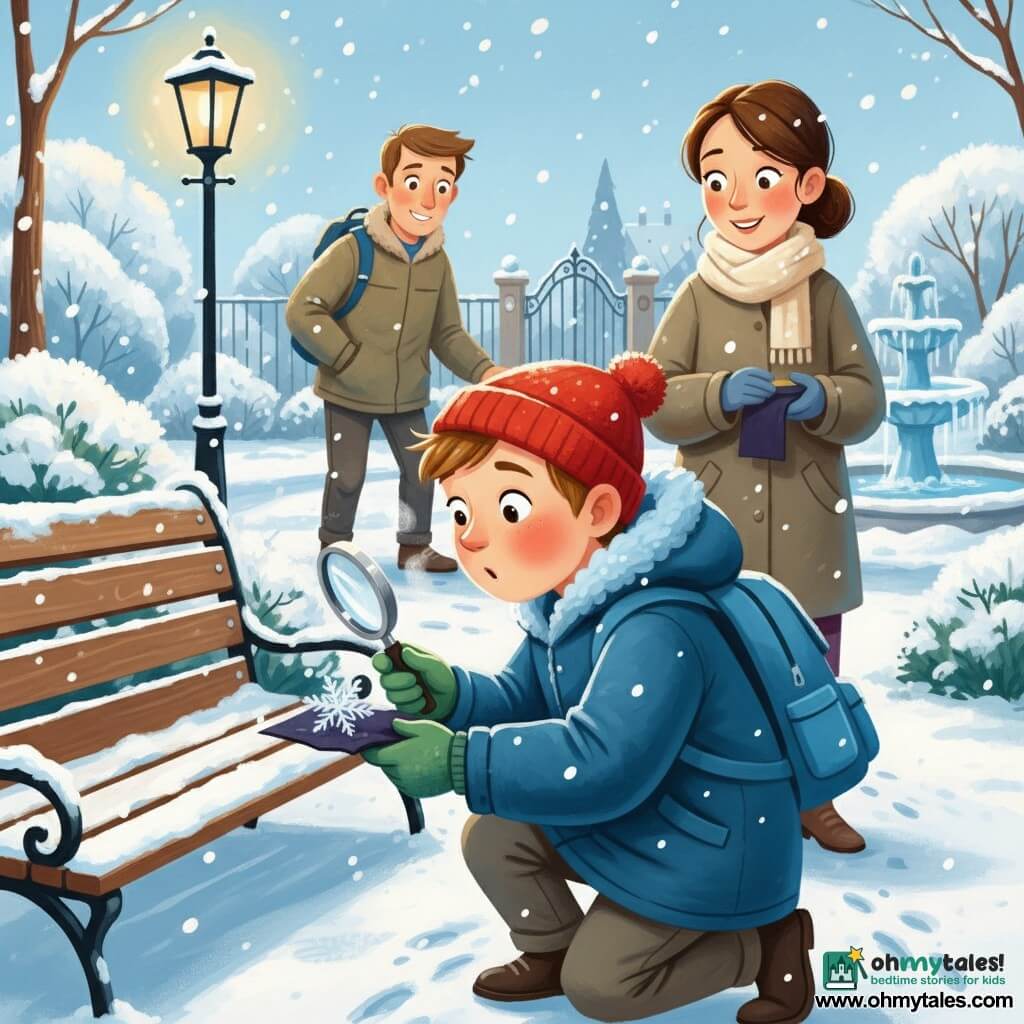 A 10-year-old boy with curious eyes and rosy cheeks, wearing a blue coat, red hat and green gloves, crouches by a snow-dusted park bench holding a silver magnifying glass over a tiny snowflake on dark cloth, his face awed and focused; about 35-year-old mother stands a few steps behind, hair tied, cream scarf, holding a board with dark fabric and smiling gently; about 37-year-old father near the gate in a khaki jacket watches protectively with a hand on the boy’s backpack; the small neighborhood park has a wooden bench, white bushes, a footprinted snowy path, a partially frozen fountain and an old lamp casting warm golden light, the scene capturing a quiet, magical moment with delicate star-like flakes, crunchy snow texture and visible warm breath.