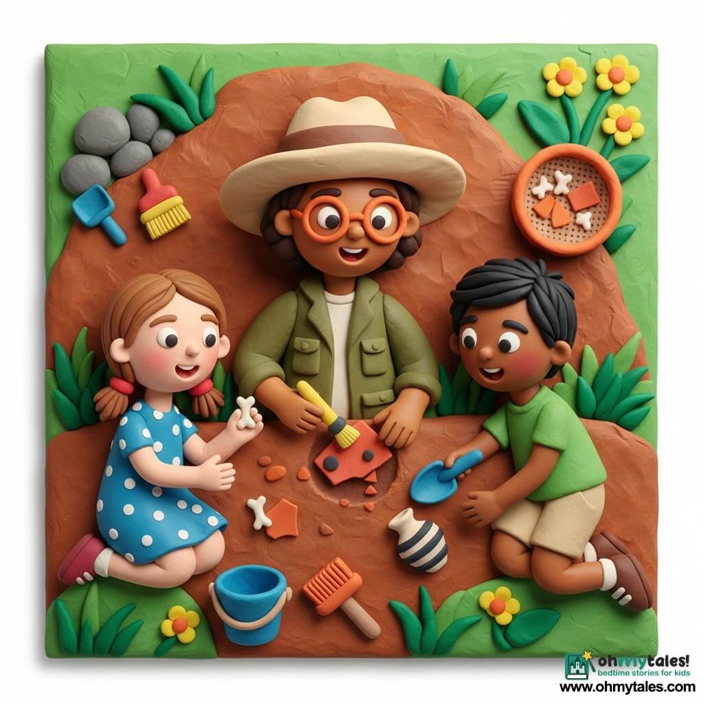 A smiling, focused female archaeologist in a beige wide-brimmed clay hat and round orange glasses wears a khaki jacket and gently brushes a red-orange pottery shard with a small yellow brush in brown earth; to her left a ~7-year-old girl, Lily, with light brown hair in pigtails and a blue polka-dot dress watches in wonder holding a small white bone, and to her right a ~8-year-old boy, Max, with short black hair, a light green T-shirt and beige shorts digs with a small blue trowel and finds a black-striped pottery fragment; the scene is a small excavation in a sunny park with green grass, a reddish-brown soil mound, colorful tools (trowels, brushes, blue bucket), gray stones and yellow flowers in the background, a calm, attentive dig highlighting ancient finds on an orange sieve, warm, curious atmosphere and smooth, thick play-dough textures.