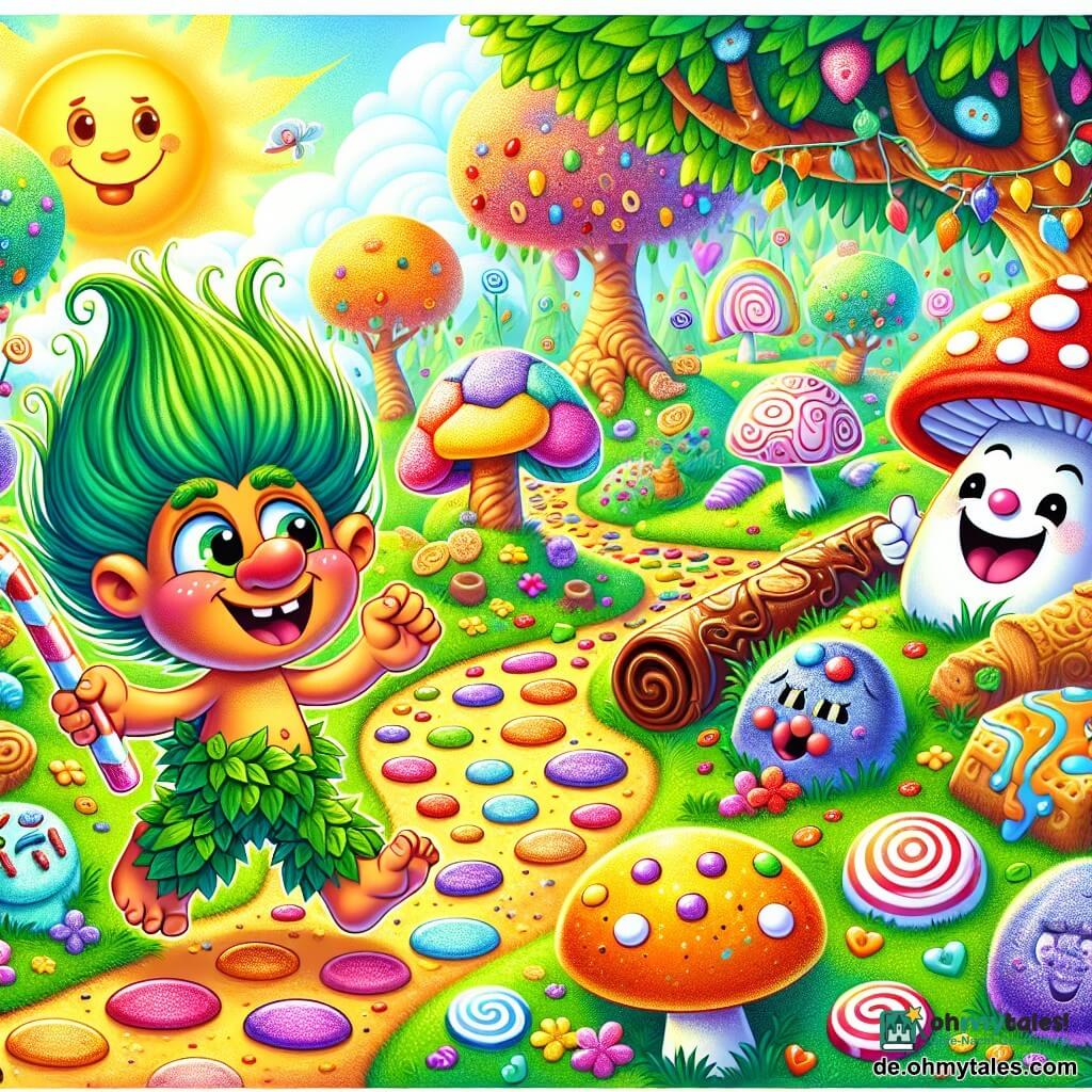 Ein kleiner Troll namens Trolli Taps, mit zerzausten grünen Haaren und einer lustigen großen Nase, springt vor Freude in einem sonnigen Garten, seine Augen funkeln vor Neugier und Aufregung. Er trägt eine Hose aus Blättern und ein T-Shirt aus bunten Süßigkeiten. Neben ihm ermutigt ein lächelnder Pilz mit einem roten Hut mit weißen Punkten ihn, ihm zu folgen, seine kleinen Beine wackeln vor Begeisterung. Der Garten ist voller Zuckerstangenbäume, Marshmallowblumen und Schokoladenwegen, was eine magische und süße Atmosphäre schafft. Im Hintergrund stehen Keksbäume mit Zweigen voller köstlicher Leckereien. Die Hauptsituation zeigt Trolli Taps, der ein mysteriöses Papierrollen entdeckt, das wie eine süße Leckerei eingerollt ist und ihn einlädt, zu lachen und das Glück in einem verrückten Königreich zu suchen.