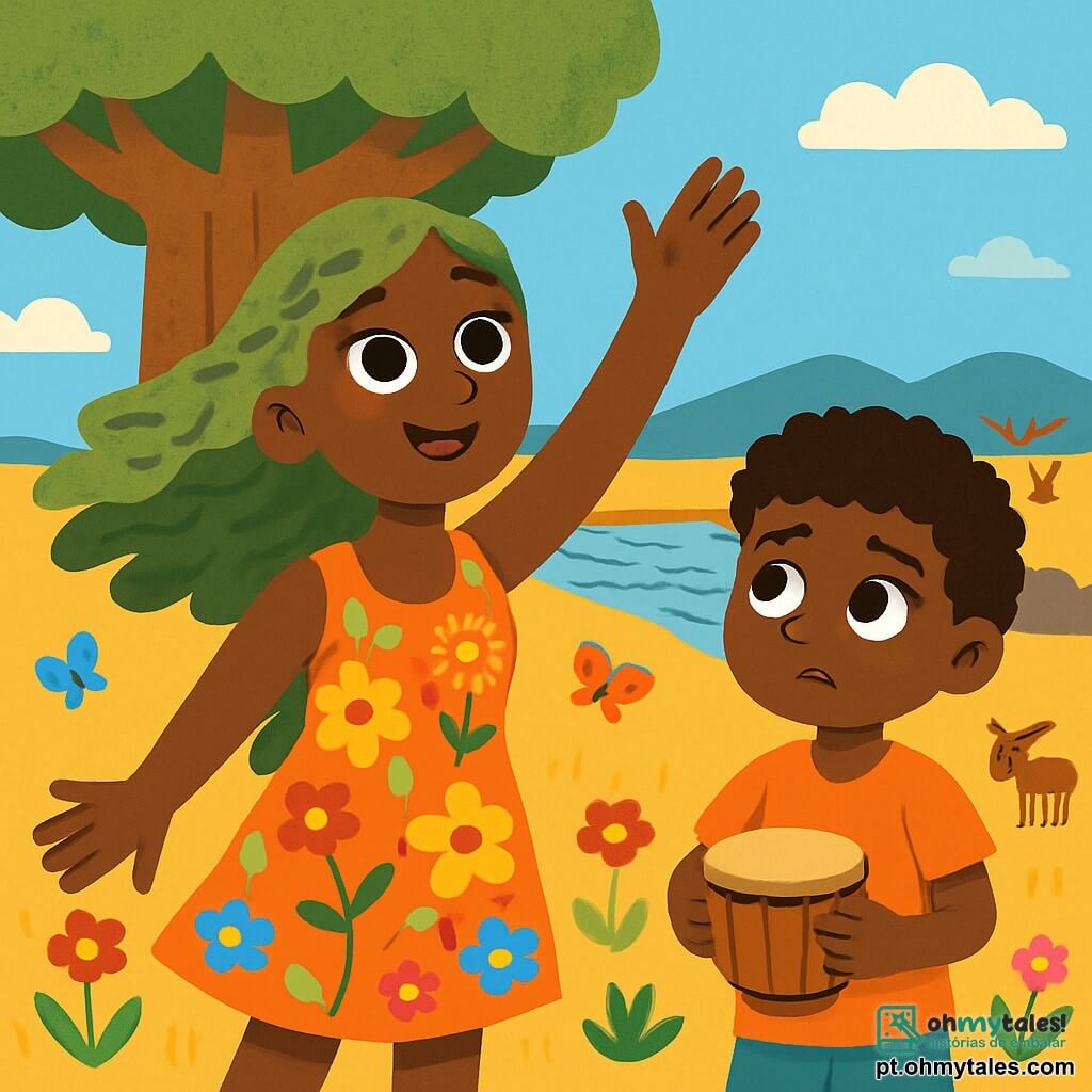 Nia, uma mulher de sorriso caloroso e olhos brilhantes como estrelas, está ao pé de um imenso Baobá. Seus cabelos, feitos de musgo verde, flutuam suavemente ao vento, e seu vestido é uma roupa cintilante adornada com padrões florais. Ela observa com determinação e bondade, pronta para ajudar os animais da floresta. Ao seu lado, um menino de cerca de 8 anos, chamado Kofi, com cabelos crespos e olhos curiosos, observa a cena com expressão de preocupação. Ele segura um pequeno tambor de madeira, pronto para chamar as outras crianças de sua aldeia. O cenário é uma vasta planície dourada, salpicada de flores coloridas e borboletas. Ao longe, um rio seco se estende, com margens rachadas e animais tristes se aproximando, em busca de água. A situação principal mostra Nia e Kofi unidos em sua busca para salvar o rio. Nia estende a mão para o céu, chamando os espíritos da natureza, enquanto Kofi bate seu tambor, esperando reunir os aldeões para restaurar a harmonia perdida.