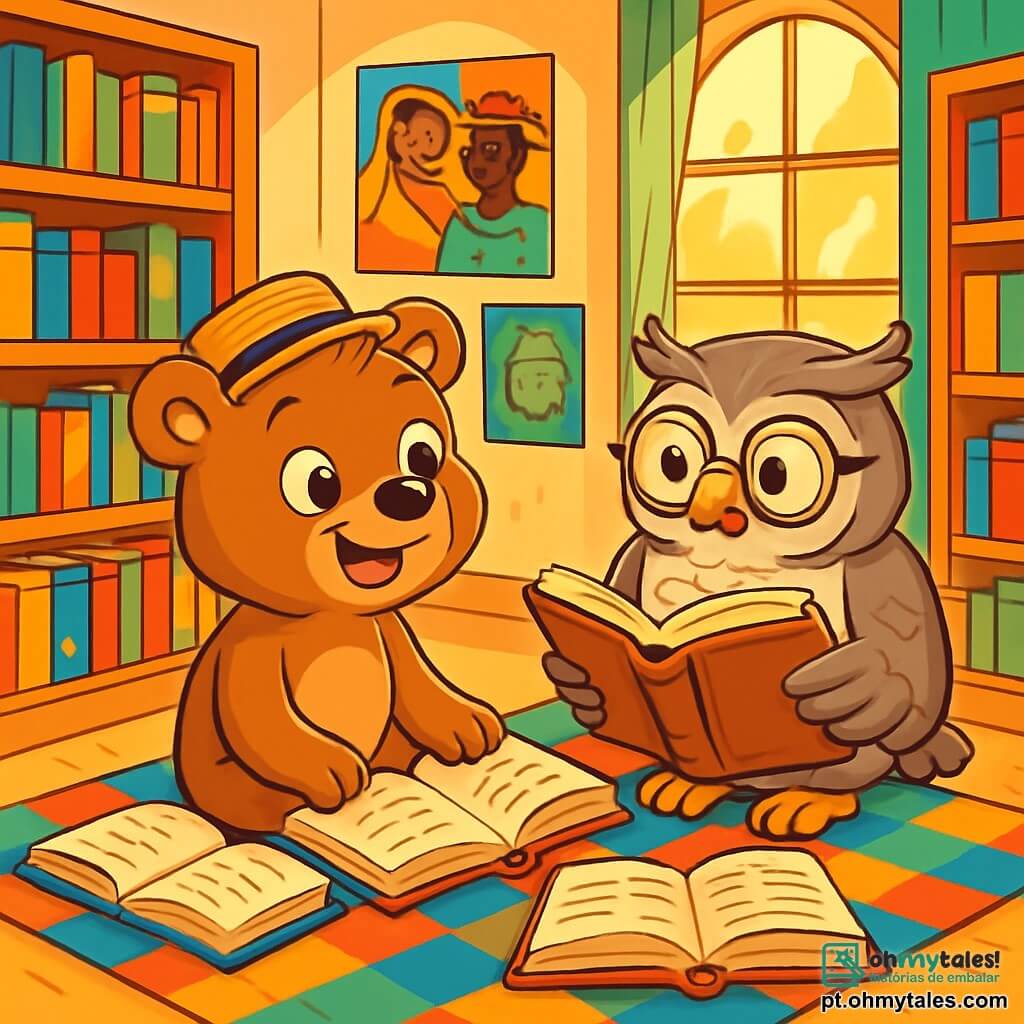 Um pequeno urso marrom chamado Nico, com olhos brilhantes de curiosidade e um largo sorriso no rosto, está sentado em um cobertor xadrez colorido, cercado por livros abertos. Ele usa um pequeno chapéu de palha e parece maravilhado com as histórias que descobre. Ao seu lado, uma velha coruja sábia, com penas cinzas e óculos redondos, observa Nico com um olhar benevolente, enquanto folheia um livro antigo. O lugar é uma biblioteca ensolarada, com grandes janelas que deixam entrar raios de luz dourada, iluminando as estantes cheias de livros de capas coloridas. Cartazes de culturas do mundo decoram as paredes, adicionando um toque vibrante ao ambiente. A cena principal mostra Nico compartilhando suas descobertas com a coruja, os dois envolvidos em uma conversa animada, cercados por uma atmosfera acolhedora, onde aprendizado e amizade se misturam alegremente.