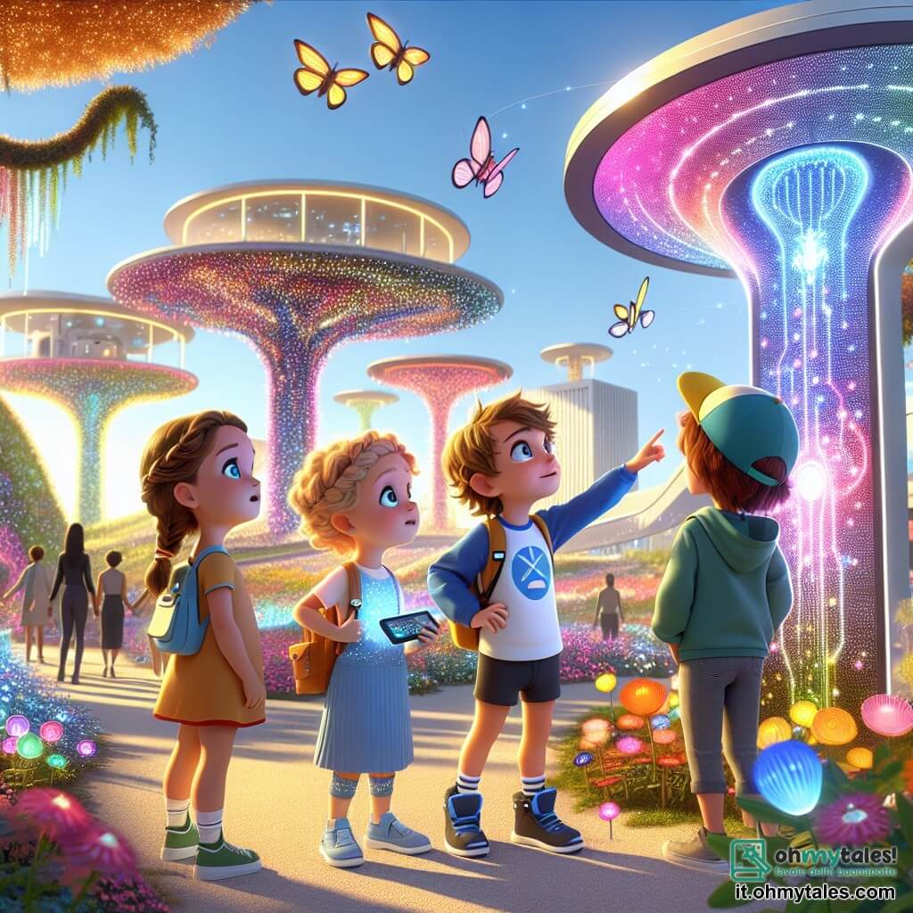 In un parco futuristico, quattro bambini sono insieme, meravigliati dal loro ambiente. Marco, un ragazzo di sette anni con i capelli castani disordinati e una maglietta blu, indica una grande mappa interattiva che brilla al sole. A destra, Sara, una ragazza con capelli biondi intrecciati e un vestito rosa, guarda affascinata dai colori vivaci. A sinistra, Luca, un ragazzo con capelli neri e ricci, indossa un felpa verde e sorride tenendo un piccolo gadget tecnologico. Infine, Giulia, una ragazza con capelli rossi e un cappellino giallo, si accovaccia per toccare un albero con foglie luminescenti. Il parco delle Meraviglie è un luogo incantevole, pieno di alberi giganti dai tronchi scintillanti, fiori multicolori che danzano al vento e piccoli droni a forma di farfalla che volano intorno. Al centro, una piattaforma interattiva attira l'attenzione dei bambini, circondata da giardini pensili e pannelli solari. I bambini scoprono una nuova invenzione, il "Trasportatore di Realtà Virtuale", che permette loro di viaggiare in mondi fantastici. Sono impazienti di provarlo e di immergersi in un'avventura incredibile, piena di magia e scoperte.