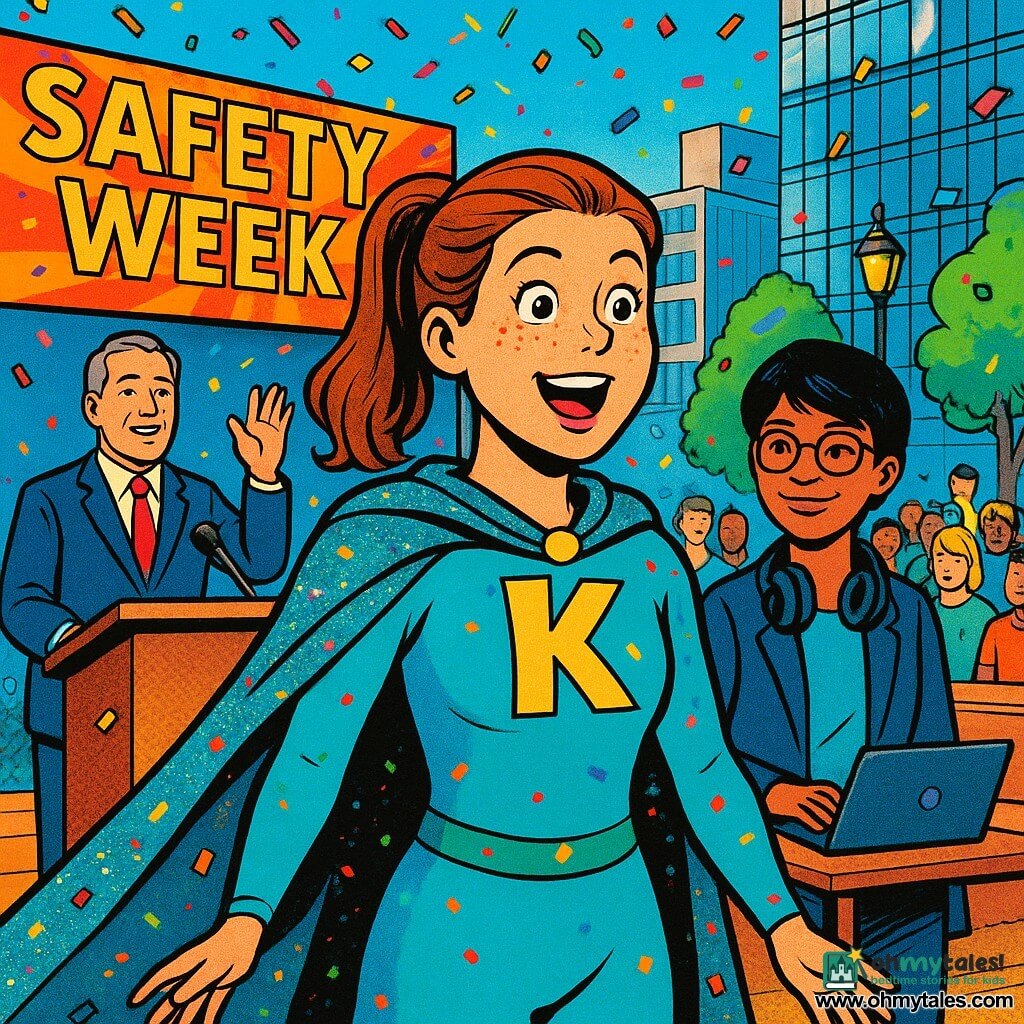 A female hero, Captain Kinetic, enthusiastic and surprised, round freckled face, light brown ponytail, teal costume and glossy cape with confetti stuck to it, relaxed posture with hands lowered; an editor woman, Jae, ~30, tan skin, short black hair, round glasses and headphones around her neck, smirking, standing slightly in the background right near a table with a small laptop; a male mayor, ~50, dark blue suit and red tie, relieved and jovial expression, left on a podium with one hand raised to the crowd; setting: town hall square by day with a wooden stage, colorful "SAFETY WEEK" banners, a large screen, a blurred crowd of children and journalists, urban lampposts and glass buildings; situation: multicolored confetti falling like sparkling rain, festive light late-afternoon warmth, saturated colors and crisp outlines in pop-art style, paper textures on confetti, glossy reflections on the cape and soft shadows for depth.