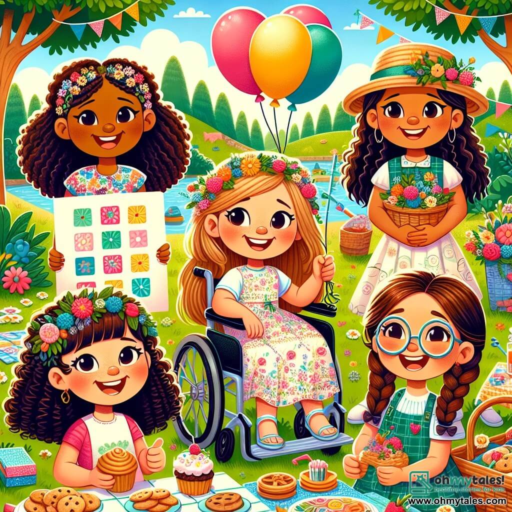 In the foreground, four ten-year-old girls stand together, beaming with joy. Emily, with long curly hair and a big smile, holds a colorful sign that says "Happy Father's Day." To her right, Lily, with smooth brown hair, wears a straw hat and holds a flower garland she made. On the left, Mia, wearing round glasses and with braided hair, smiles while holding a basket filled with delicious cookies. Lastly, Sophie, with a bright smile, is in her wheelchair decorated with balloons, holding a handmade card for her dad. In the background, Willow Park stretches out, filled with lush greenery and large trees with shiny leaves. Colorful flowers line the path, and a big blue sky is dotted with fluffy white clouds. A large picnic table is set with colorful blankets, plates full of food, and games scattered around. The main scene shows the girls celebrating Father's Day with their dads, who arrive with surprised and delighted expressions. Laughter and smiles light up the joyful atmosphere as a balloon gently floats into the sky.