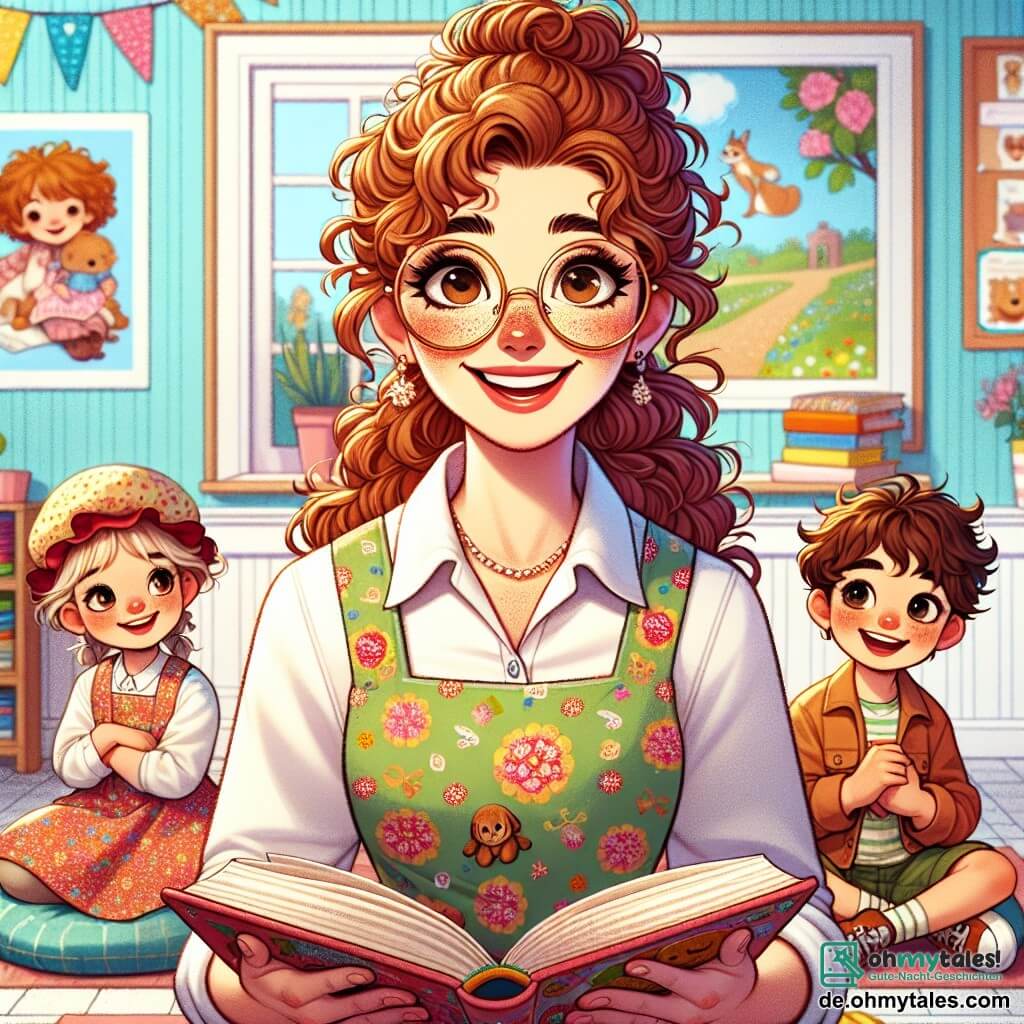 Eine lächelnde Lehrerin, Frau Müller, steht im Mittelpunkt des Bildes. Sie ist eine Frau in den Dreißigern mit lockigem, kastanienbraunem Haar und runden Brillen. Sie trägt eine farbenfrohe Bluse mit Tiermotiven und hält ein aufgeschlagenes Buch in ihren Händen, ihr Gesicht strahlt Freude und Ermutigung aus, während sie ihren Schülern vorliest. Rechts von ihr sitzt Max, ein 8-jähriger Junge mit süßem blonden Haar und einer kleinen roten Mütze. Er sitzt auf einem Kissen, seine Augen leuchten vor Aufregung, und er schaut Frau Müller bewundernd an, bereit, seine eigene Geschichte vorzulesen. Links von ihr sitzt Lila, ein 7-jähriges Mädchen mit langen braunen Haaren und einem Blumenkleid, im Schneidersitz, mit einem schüchternen Lächeln, das Buch an ihre Brust gedrückt, bereit, ihren Abschnitt zu teilen. Der Raum ist ein helles und einladendes Klassenzimmer mit pastellblauen Wänden, bunten Lernplakaten und Regalen voller Bücher mit leuchtenden Umschlägen. Kinderzeichnungen schmücken die Wände, und Fenster lassen Sonnenlicht herein, was eine warme Atmosphäre schafft. Die Hauptsituation zeigt Frau Müller, die ihren Schülern eine fesselnde Geschichte vorliest, während sie aufmerksam zuhören, voller Begeisterung und Neugier. Die Kinder sind engagiert und bereit, ihre eigenen Geschichten zu teilen, was die Liebe zum Lernen und die Magie der Geschichten in einer fröhlichen und kooperativen Atmosphäre veranschaulicht.