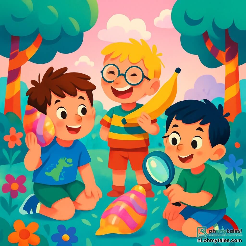Er zijn 3 personages: - Max: Een 8-jarig jongen met rommelig bruin haar en sprankelende ogen van nieuwsgierigheid. Hij draagt een blauwe t-shirt met een dinosaurus erop en een groene short. Hij zit in een hurkende positie, houdt een grote, glanzende, kleurrijke schelp tegen zijn oor en kijkt verwonderd. - Bram: Een 8-jarig jongen met blond haar en ronde bril. Hij draagt een gestreepte, multikleurige shirt en korte broek. Hij staat naast Max, lacht hard en heeft een banaan in de vorm van een raket onder zijn arm. - Timo: Een 8-jarig jongen met zwart haar en sproeten op zijn neus. Hij draagt een groene t-shirt en een spijkerbroek. Hij zit op het gras, houdt een grote loep vast en kijkt met een verwonderde glimlach naar de schelp. De locatie is een magische tuin, waar het gras helderblauw is en de bloemen in alle kleuren van de regenboog bloeien. Suikerstokken bomen staan rondom hen, en snoepvormige wolken drijven in een pastelroze lucht. De belangrijkste situatie toont de drie vrienden die een glinsterende schelp ontdekken die een zachte gloed uitstraalt. Max luistert naar de schelp, terwijl Bram lacht met zijn banaan en Timo de schelp met zijn loep onderzoekt, allemaal omringd door een vrolijke en magische sfeer.