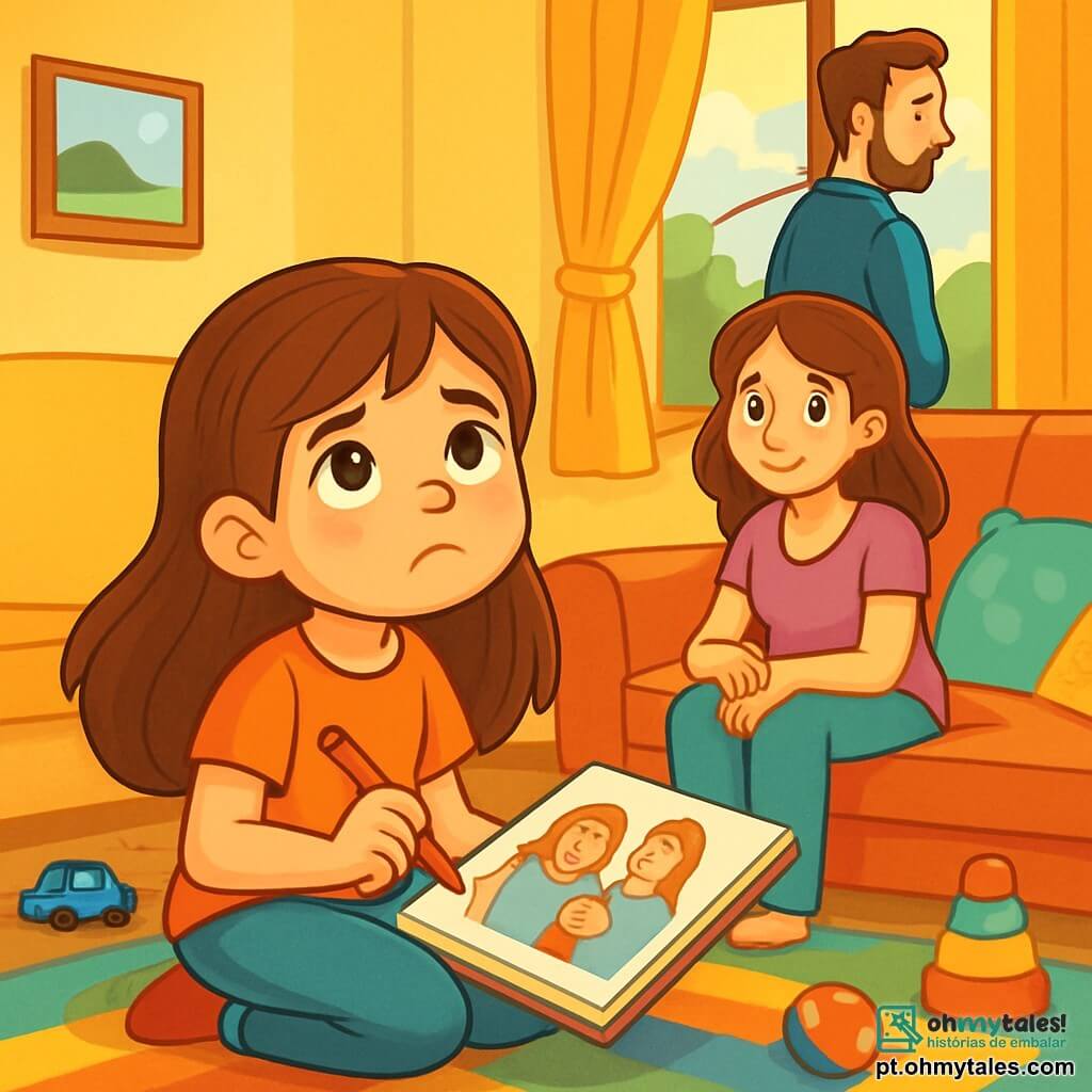Uma menina de 8 anos, chamada Sofia, com longos cabelos castanhos e olhos brilhantes, está sentada em um tapete colorido na sala. Ela tem um olhar melancólico, mas determinado, segurando um lápis e um caderno de desenho, onde esboça imagens de sua família. Ao lado dela, sua mãe, uma mulher na casa dos trinta anos com cabelos castanhos e um sorriso suave, a observa com ternura, sentada no sofá. O pai de Sofia, um homem na casa dos trinta anos com cabelo curto e uma leve barba, está de pé perto da janela, olhando para fora com uma expressão pensativa. A sala é acolhedora, com paredes pintadas de amarelo claro, almofadas coloridas espalhadas pelo sofá e brinquedos no chão. Uma luz suave filtra pelas cortinas, criando uma atmosfera convidativa. A cena principal mostra Sofia desenhando, tentando expressar seus sentimentos sobre a separação dos pais, enquanto sua mãe e seu pai, embora separados, compartilham um momento de compreensão e amor pela filha.