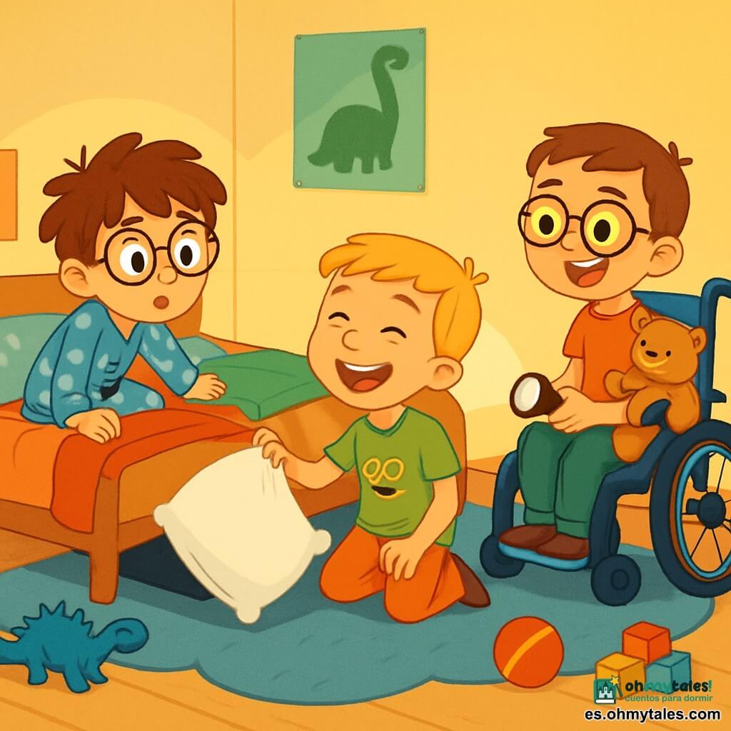Hay 3 personajes: - Hugo: un niño de 8 años, con cabello castaño desordenado y gafas redondas. Lleva un pijama azul con estrellas blancas y está sentado en su cama, con los ojos muy abiertos de curiosidad. - Martín: un niño de 7 años, con cabello rubio y una gran sonrisa. Lleva una camiseta verde con una rana y está acostado en el suelo, listo para lanzar un suave almohadón. - Samuel: un niño de 8 años, con cabello castaño y gafas. Está en su silla de ruedas, rodeado de peluches, y sostiene una linterna, iluminando la habitación con un haz de luz. El lugar es una habitación infantil acogedora, con paredes pintadas de amarillo pastel, carteles de dinosaurios y una alfombra suave en forma de nube. Una gran cama con sábanas coloridas está en el centro, y hay juguetes esparcidos por el suelo. La situación principal muestra a los tres amigos riendo juntos, buscando un "monstruo" debajo de la cama. Hugo mira debajo de la cama con una mezcla de miedo y emoción, mientras que Martín lanza un almohadón riendo y Samuel ilumina la escena con su linterna, creando una atmósfera divertida y lúdica.