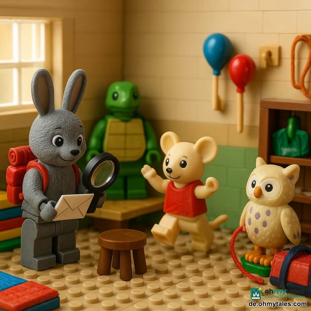Ein kleiner Detektivhase (LEGO) mit grauem Fell, langen Ohren, Lupe in einer Pfote und Brief in der anderen, eine winzige Maus (LEGO) mit cremefarbenem Fell rennt aufgeregt zum Hocker, auf dem ein rotes Trikot liegt, eine bastelnde Eule (LEGO) mit creme- und violettgetupften Federn hält roten Faden und Glitzerreste, ein rotfüchsiger (LEGO) mit schokoladenbefleckter Schnauze sitzt verlegen an einer offenen Sporttasche, eine ruhige Schildkröte (LEGO) beobachtet die Szene; Schauplatz: kleiner Umkleide-/Werkraum aus Bausteinen mit hoher Fensterlichtung, Matten, Trampolin, Haken, Bank und offenem Spind mit Kleidung und Mehlspuren; Haupthandlung: Entdeckung des roten Trikots auf dem Hocker, Moment der Enthüllung und Vergebung, warme, gemeinsam geteilte Erleichterung und Freundschaft.