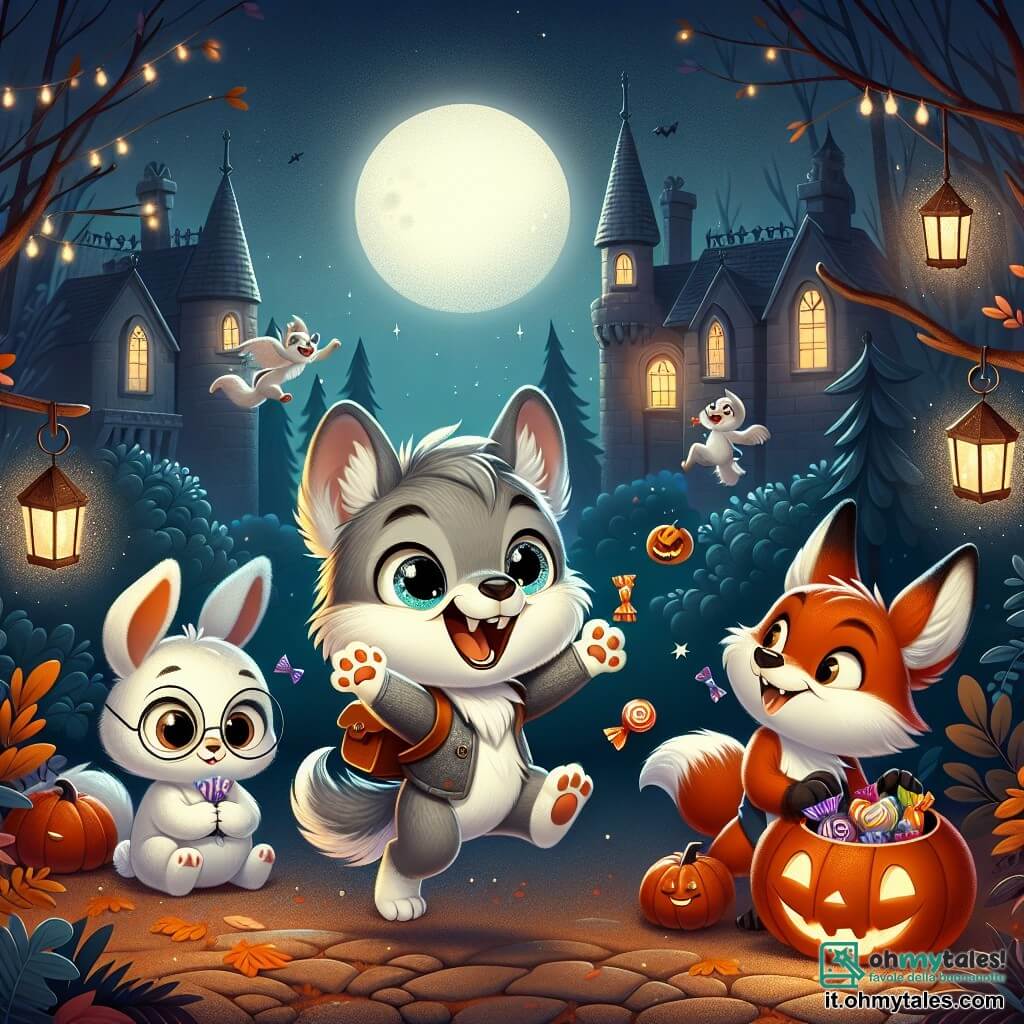 Un piccolo lupo di nome Lupoletto, con un pelo grigio e occhi brillanti di curiosità, danza gioiosamente in una foresta incantata, circondato da lanterne scintillanti. Ha un grande sorriso sul volto, mostrando il suo entusiasmo per Halloween. Accanto a lui, un coniglio bianco di nome Bianchino, con grandi orecchie e uno sguardo preoccupato, guarda intorno a sé con un misto di paura ed eccitazione, mentre tiene una piccola borsetta vuota, pronto a riempirla di dolcetti. Una volpe rossa, Rosina, con un pelo splendente e un'aria maliziosa, ride saltellando, tenendo un sacchetto pieno di leccornie. La scena si svolge in una foresta buia ma magica, dove gli alberi sono adornati di ragnatele e zucche illuminate, creando un'atmosfera misteriosa e festosa. La luna brilla alta nel cielo, proiettando una luce dolce sul terreno coperto di foglie dorate. Lupoletto, Bianchino e Rosina si dirigono insieme verso un grande castello antico, con muri di pietra e finestre rotte, dove sperano di trovare dolci e vivere un'avventura indimenticabile.