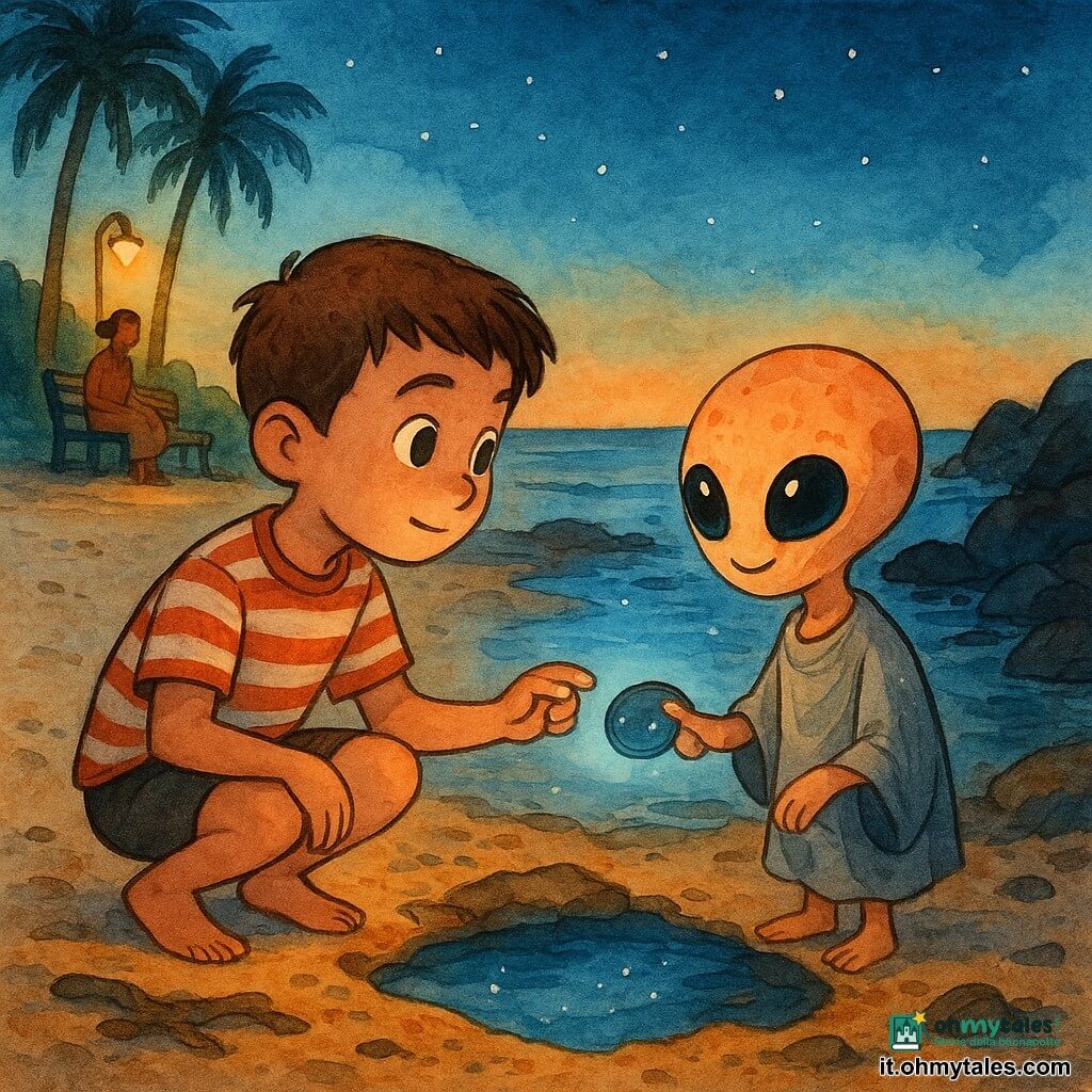 Bambino di 8 anni, capelli castani corti e occhi curiosi, accovacciato sulla spiaggia tende delicatamente un piccolo pezzo di metallo brillante a un piccolo extraterrestre; indossa maglietta a righe, pantaloncini e ha una torcia accanto. Piccolo extraterrestre alto come una bottiglia d'acqua, pelle color pesca con macchie chiare, grandi occhi neri lucenti, abito grigio vaporoso; sorride timidamente, tiene una moneta opaca che si illumina e indica una pozza tra due scogli. La madre, sui 35 anni, capelli raccolti, seduta su una panchina vicino alle palme, osserva da lontano illuminata da una lampada gialla sul lungomare. Spiaggia al crepuscolo: sabbia umida con impronte, qualche alga e legno flottante, pozza che riflette stelle, scogli scuri a destra e orizzonte marino. Scena: scambio silenzioso e tenero, luce blu della moneta, atmosfera pacifica, colori tenui con accenti azzurri e aranciati.