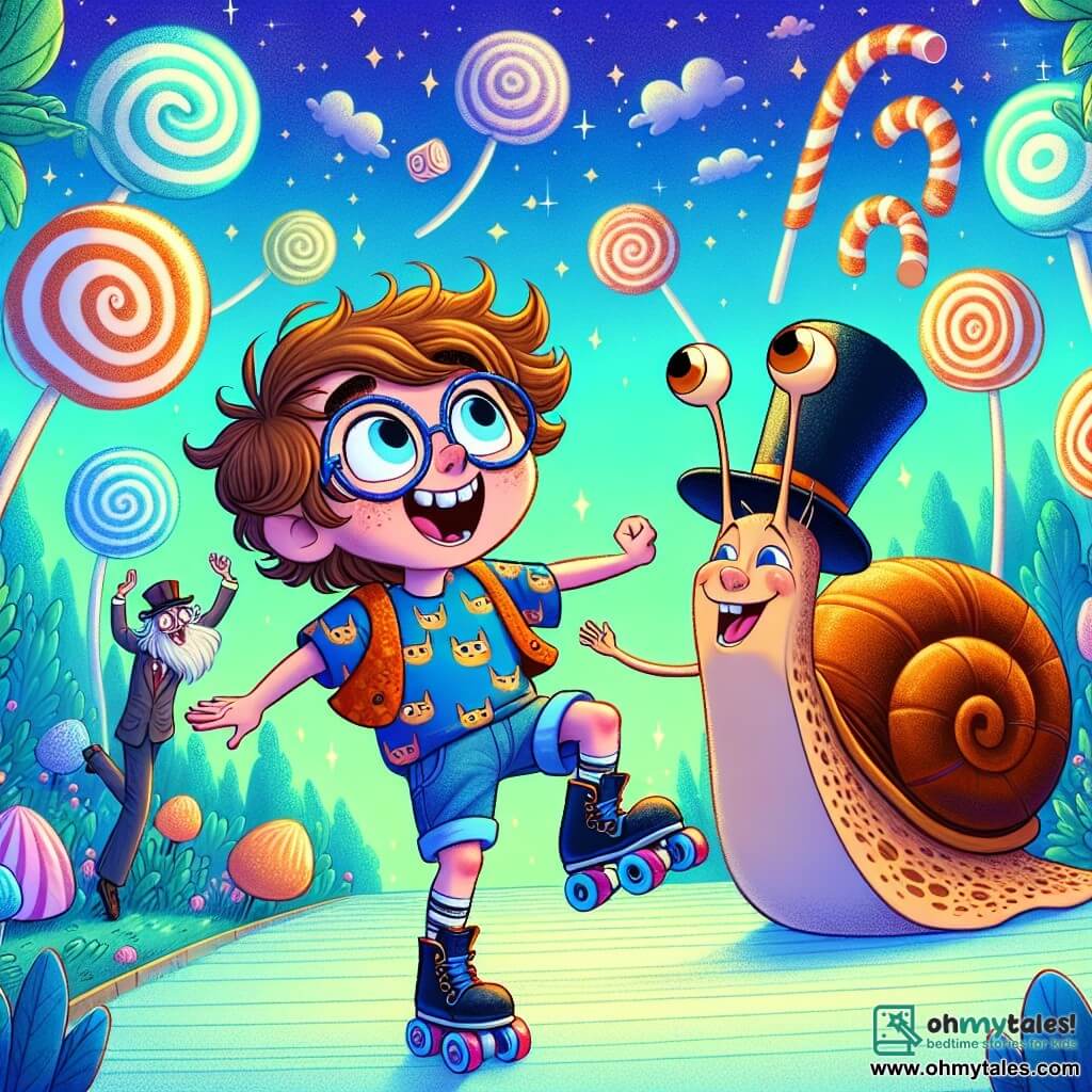 A 12-year-old boy, Timmy, with messy hair and round glasses, smiles in wonder as he joyfully dances in an enchanted forest. He wears a colorful t-shirt with cat patterns and denim shorts, his arms raised in the air, full of energy and happiness. Next to him, Sir Snailington, a giant snail with a shiny shell and a top hat, moves slowly, his eyes sparkling with joy. He claps enthusiastically, adding an absurd touch to the scene. In the background, the Possibility Forest is a magical place filled with candy trees with lollipop leaves and licorice vines, under a bright blue sky dotted with marshmallow-shaped clouds. The main scene shows Timmy and Sir Snailington dancing with a giant roller-skating chicken performing comical moves, while singing marshmallows joyfully surround them, creating a playful atmosphere full of bright colors.