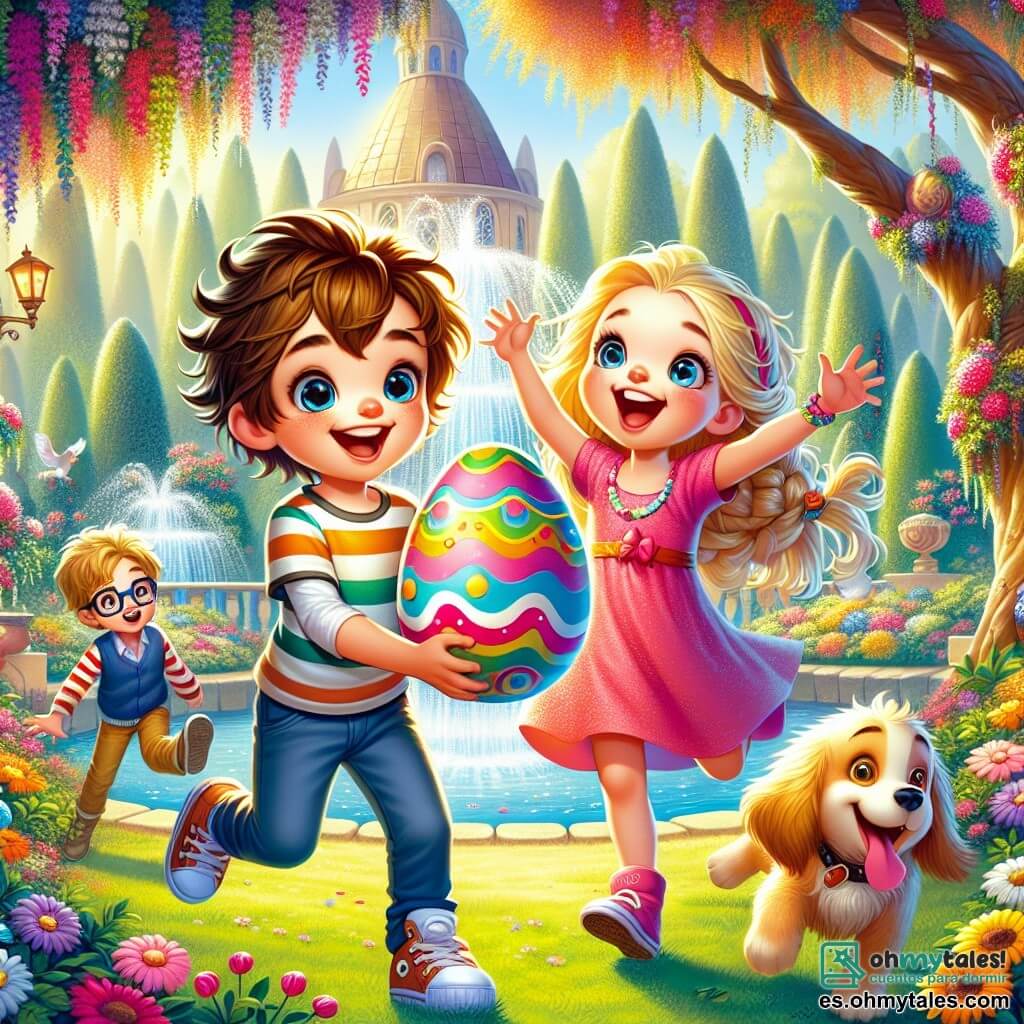 Un niño de 9 años, Lucas, con el cabello castaño desordenado y ojos brillantes de curiosidad, está en el centro de la imagen, sonriendo ampliamente mientras sostiene un huevo de Pascua colorido en sus manos. A su lado, su hermana Ana, una niña de 6 años con trenzas rubias y un vestido rosa, salta de alegría con los brazos en alto, llena de emoción. Al fondo, su amigo Tomás, un niño de 9 años con gafas y una camiseta a rayas, observa con asombro, con las manos en las caderas, mientras su perro Max, un golden retriever, corre alrededor de ellos, con la lengua afuera y la cola moviéndose. El lugar es un jardín mágico, lleno de flores brillantes, árboles majestuosos y una fuente resplandeciente en el centro. La situación principal muestra a Lucas y sus amigos descubriendo el gran huevo de Pascua, rodeados de una atmósfera de alegría y asombro, ilustrando el momento mágico de la búsqueda de huevos, donde la amistad y la aventura se encuentran bajo un cielo azul brillante.
