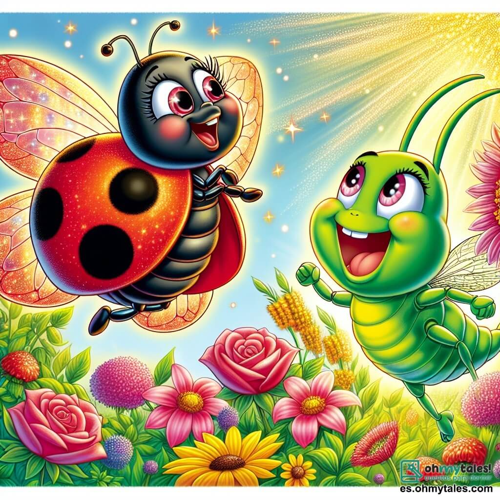 Una mariquita alegre llamada Lila, con un cuerpo rojo brillante salpicado de pequeñas manchas negras, vuela con entusiasmo sobre un jardín colorido, sus alas translúcidas brillando bajo el sol. Junto a ella, un saltamontes llamado Tito, de un verde brillante, salta alegremente, sus largas patas traseras dobladas, listo para saltar. El jardín está lleno de flores vibrantes: rosas rosas, girasoles amarillos y violetas, que bailan suavemente bajo la brisa ligera. Lila y Tito buscan una fuente de agua para salvar las flores que comienzan a marchitarse, con sus rostros radiantes de esperanza y determinación, mientras una piedra mágica brillante reposa en el centro, iluminando la escena con una suave luz dorada.