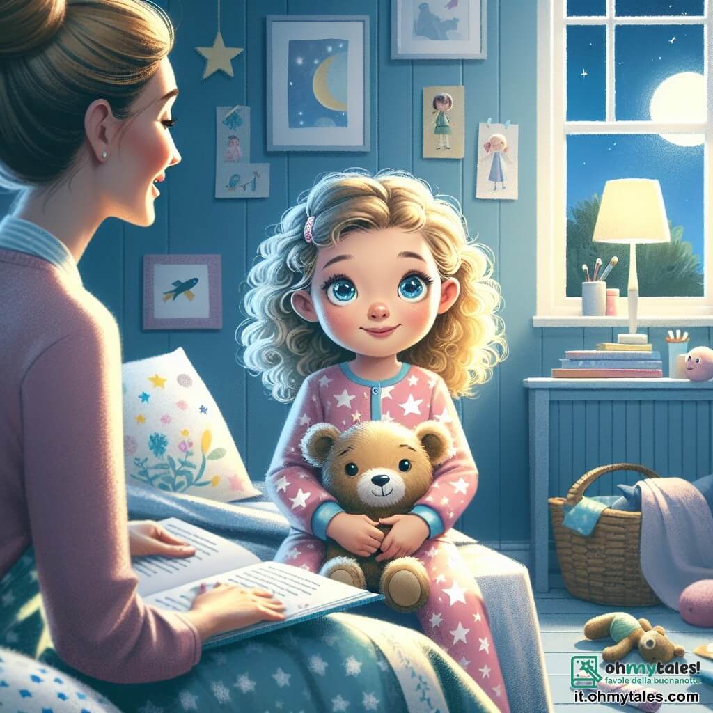 Una bambina di 5 anni, di nome Emma, con grandi occhi blu scintillanti e capelli biondi ricci, è seduta sul suo letto. Ha un'espressione curiosa e leggermente ansiosa, tenendo il suo orsacchiotto contro di sé. Emma indossa un pigiama rosa con stelle bianche e la luce della luna illumina dolcemente la sua stanza. Accanto a lei, sua madre, una donna di trent'anni con capelli castani raccolti in un chignon, le legge una storia con un sorriso rassicurante. È seduta sul bordo del letto, circondata da libri colorati e giocattoli sparsi. La stanza di Emma è calda e accogliente, con pareti dipinte di azzurro chiaro e decorazioni di nuvole e stelle. Un piccolo tappeto morbido è posato sul pavimento e una finestra lascia entrare la luce della luna, creando ombre dolci sui muri. La scena principale mostra Emma, un po' nervosa, che ascolta attentamente sua madre raccontarle una storia su una stella brillante che veglia su di lei durante la notte, mentre l'oscurità avvolge dolcemente la stanza, trasformando il suo spazio familiare in un mondo misterioso.