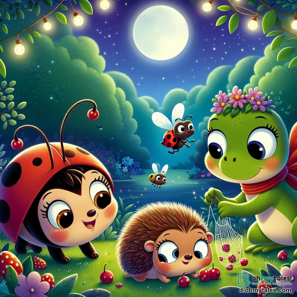Una piccola coccinella di nome Lilli, con un corpo rotondo e rosso punteggiato di macchie nere, vola gioiosamente nell'aria con un grande sorriso di eccitazione sul volto. Accanto a lei, il signor Riccio, un piccolo riccio con aculei morbidi e occhi rotondi, sta raccogliendo bacche, apparendo un po' perplesso ma determinato, mentre Carla la rana, con la sua pelle verde brillante e i suoi grandi occhi curiosi, salta felicemente attorno a loro, pronta ad aiutare. La scena si svolge in una foresta incantata, illuminata dalla dolce luce della luna, dove gli alberi maestosi si ergono con foglie scintillanti come stelle. Lilli, Riccio e Carla lavorano insieme per costruire una grande rete di foglie per raccogliere le bacche che rotolano, creando un'atmosfera di camaraderie e avventura.