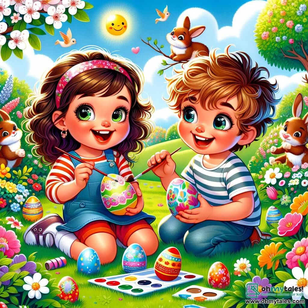 A 2-year-old girl with big bright eyes and curly brown hair is sitting on the green grass, smiling widely. She holds a colorful Easter egg in her hands, painting cheerful patterns with a small brush. Next to her, a 3-year-old boy with messy blond hair and a striped shirt looks in wonder at the eggs they are decorating together. He holds a blue egg in his hands, ready to paint. In the background, a sunny garden is filled with colorful flowers, blooming trees, and a clear blue sky. Chocolate bunnies are hidden among the bushes, adding a touch of magic to the scene. The little girl and her friend are having fun decorating Easter eggs, laughing and sharing ideas while discovering a shiny egg hidden behind a tree, filling the air with joy and excitement.