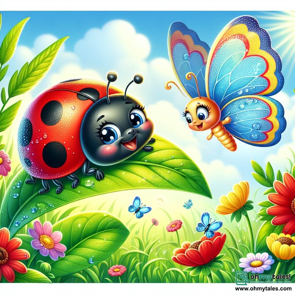 An illustration of a small red ladybug with black spots, smiling and full of energy, perched on a large green leaf with its wings slightly open, ready to take flight. Nearby, a colorful butterfly with translucent wings in shades of blue and yellow joyfully flits around, displaying a friendly and curious expression, enthusiastically observing the ladybug. The setting is a sunny meadow dotted with vibrant flowers in bright colors like pink, yellow, and purple, with blades of grass gently swaying in the breeze. In the background, a clear blue sky with fluffy white clouds adds a touch of softness to the scene. The main focus shows the ladybug searching for the largest and brightest dewdrop, its eyes sparkling with excitement as it scans the leaves around it. Shimmering dewdrops are visible on the leaves, reflecting sunlight like tiny diamonds. Other graphic elements include rays of sunlight filtering through the leaves, creating delicate shadows, and cheerful insects flying around, adding a sense of happiness and adventure to the scene.