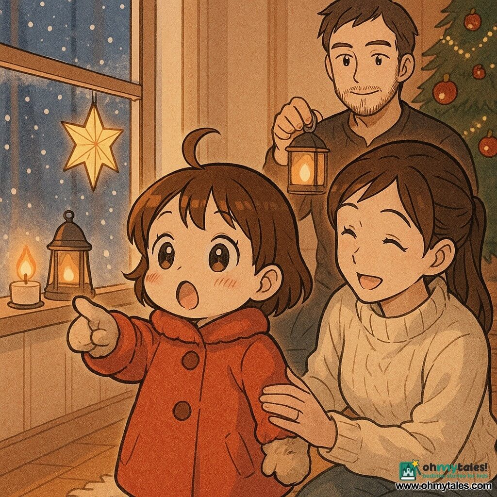 Two-year-old Lina, wide-eyed with her mouth in a small "o", flushed cheeks and short brown hair, wearing a round red coat and fluffy mittens, reaches toward a frosted window pointing at three small lights; her mother (about 28), smiling and gentle with long tied-back hair, sits beside her singing with a hand on Lina's back in a cream wool sweater; her father (about 30), calm with a light beard, stands behind them near a small decorated Christmas tree, whispering and holding a small metal lantern that casts warm light on his face; cozy Christmas living room with shiny wooden floor, soft rug, tree with red baubles and garlands, falling snow outside, three sill lights—a flickering candle, a bell-shaped lantern, and a hanging paper star—an intimate Christmas scene centered on the trio and their illuminated faces.